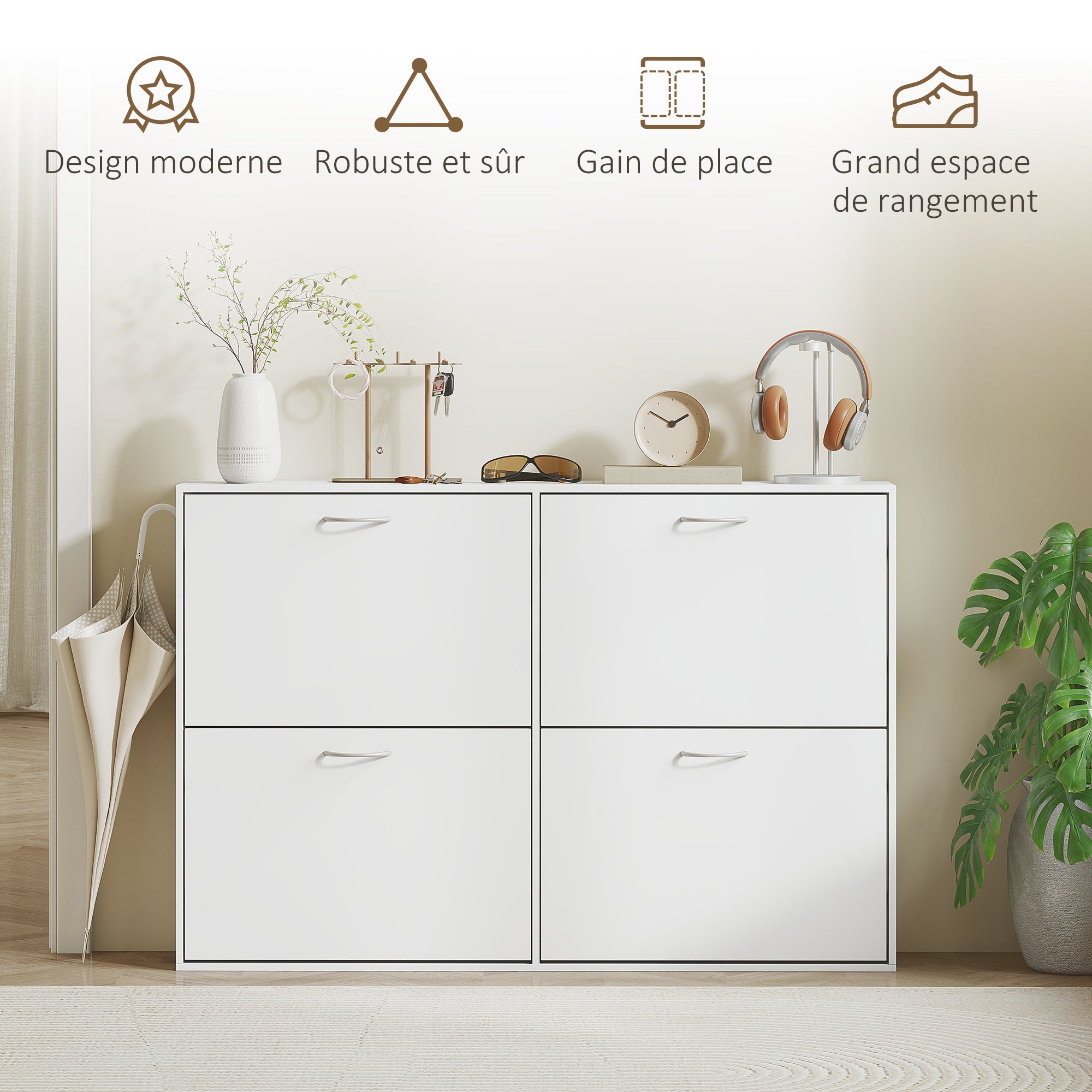 Armoire à Chaussures Meuble à Chaussures Grande Taille dim. 120L x 24l x 81H cm 4 Portes abattantes Double Niveau en Bois Blanc