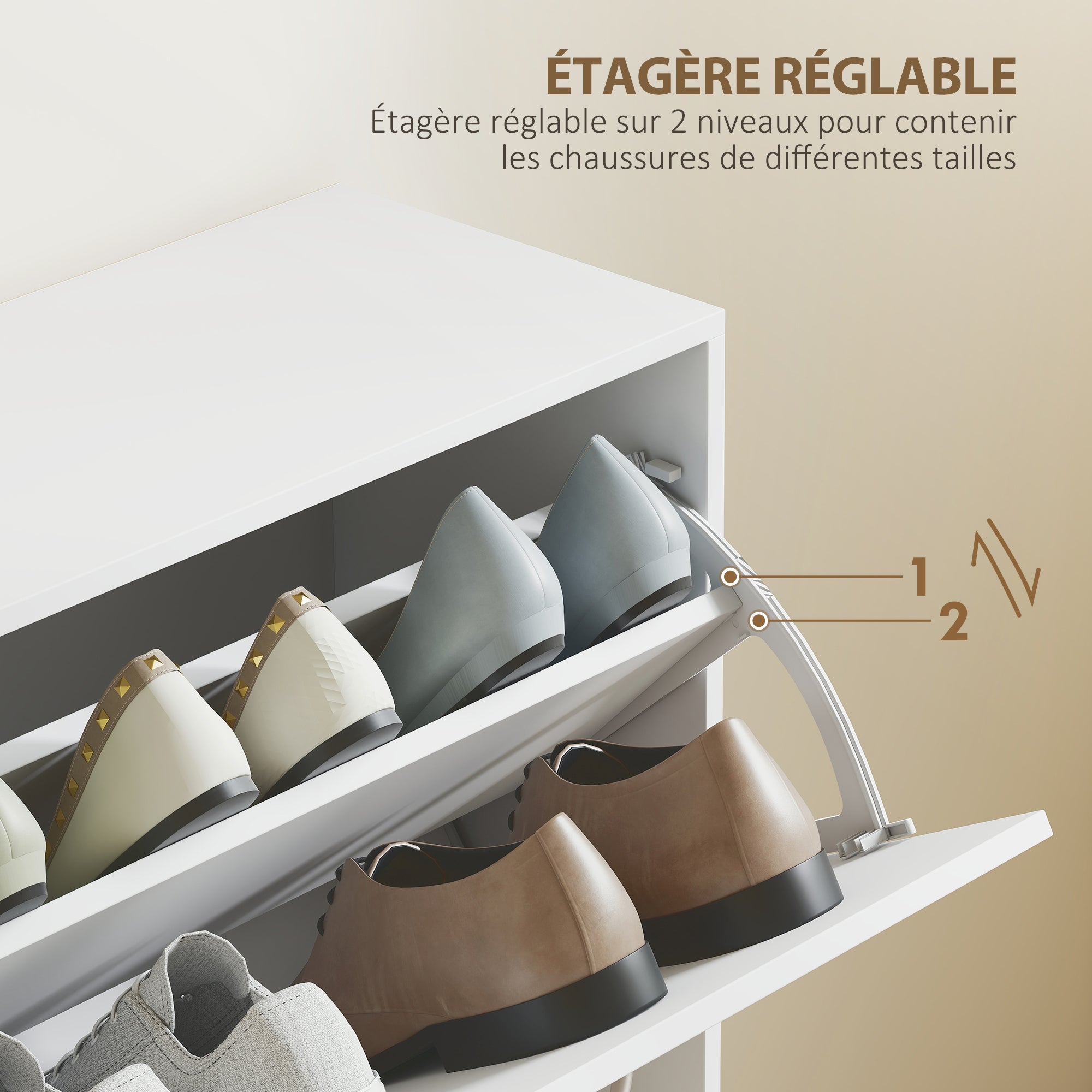Armoire à Chaussures Meuble à Chaussures Grande Taille dim. 120L x 24l x 81H cm 4 Portes abattantes Double Niveau en Bois Blanc