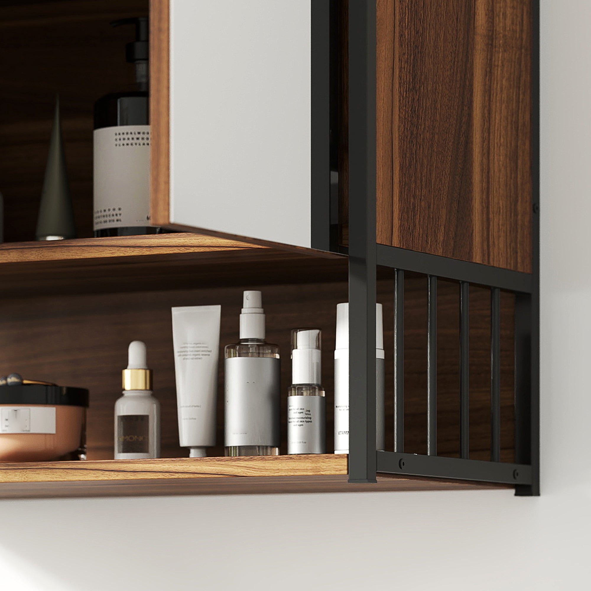 Armoire murale salle de bain avec miroir, 56 x 65 cm, meuble salle de bain, armoire de toilette avec compartiment ouvert, porte à fermeture amortie, marron
