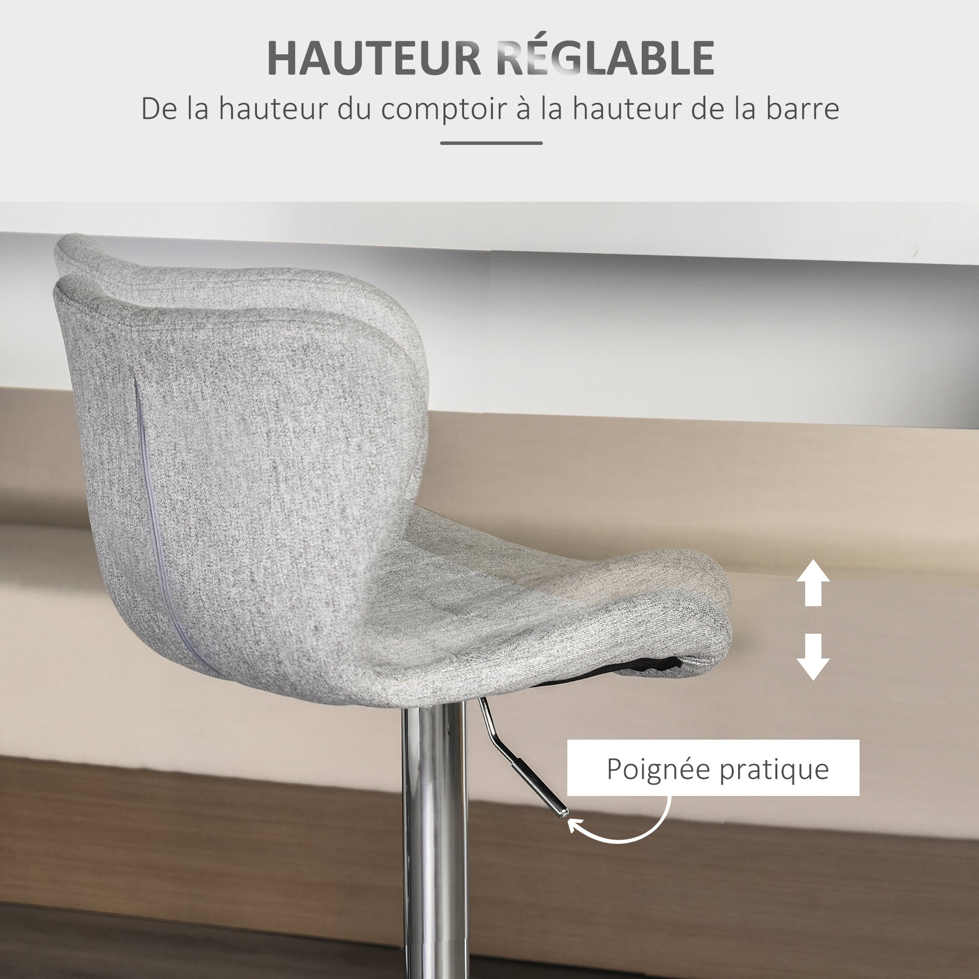 Lot de 2 Tabourets de Bar Design Contemporain Hauteur d'assise réglable 59-81 cm pivotant 360° Lin Gris
