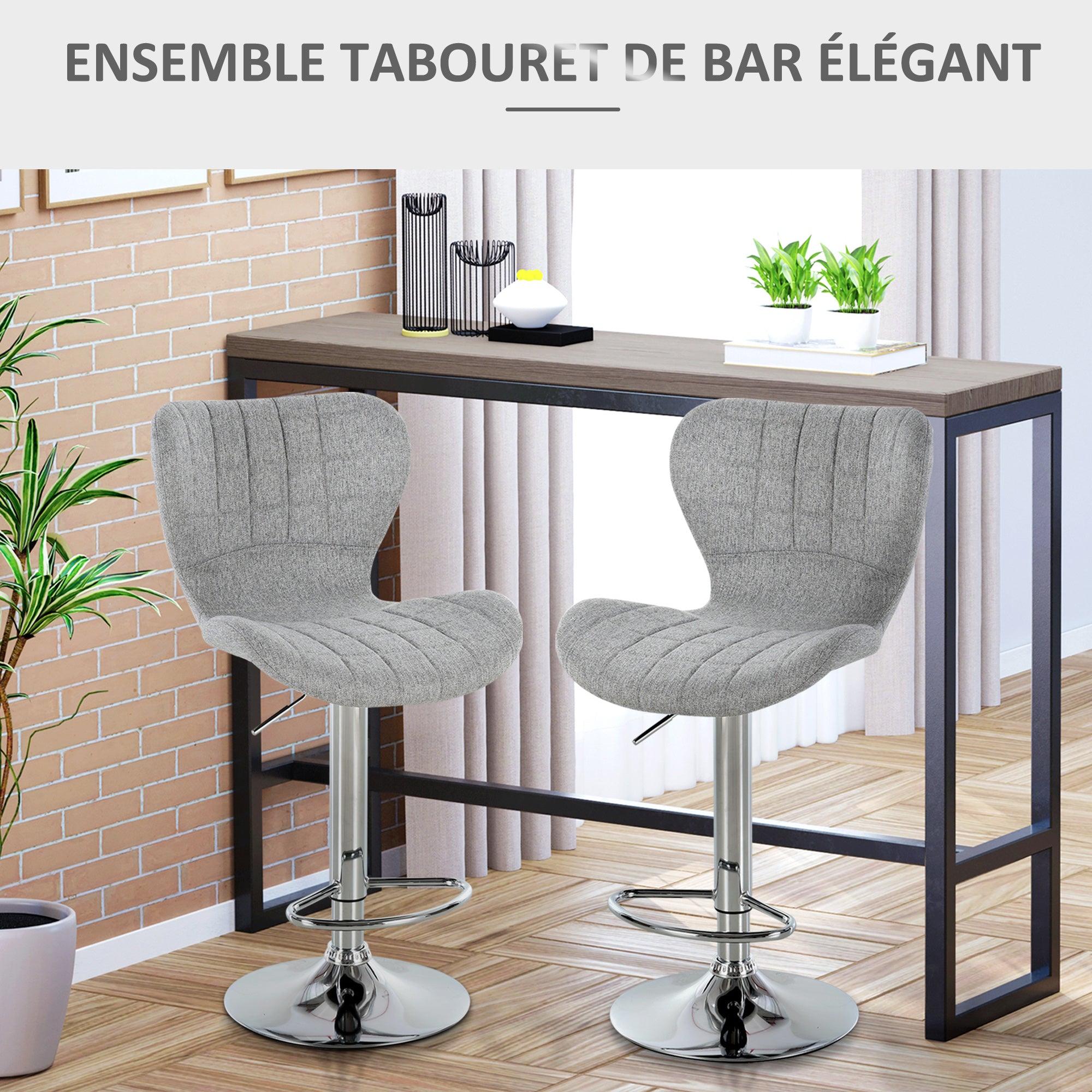 Lot de 2 Tabourets de Bar Design Contemporain Hauteur d'assise réglable 59-81 cm pivotant 360° Lin Gris