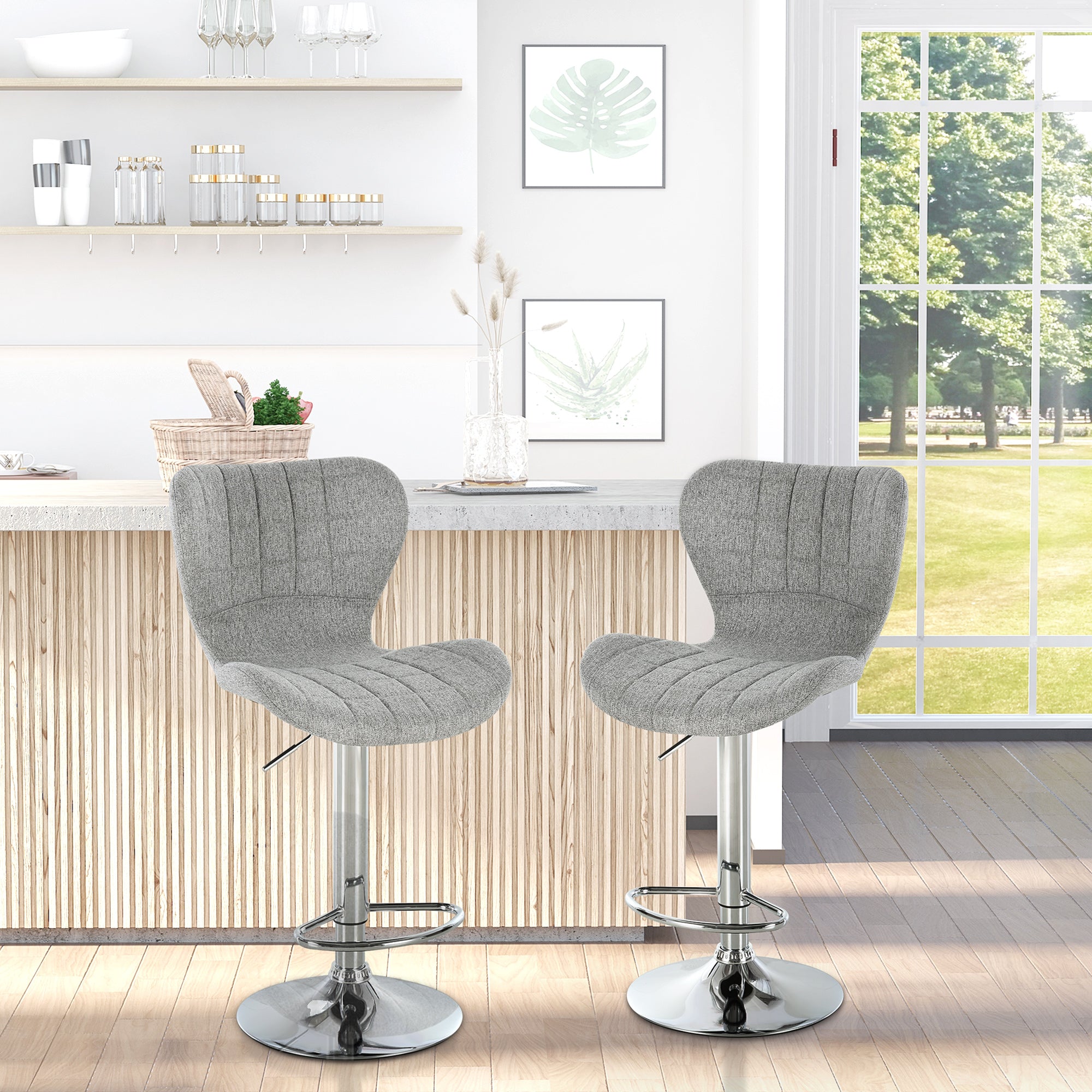 Lot de 2 Tabourets de Bar Design Contemporain Hauteur d'assise réglable 59-81 cm pivotant 360° Lin Gris
