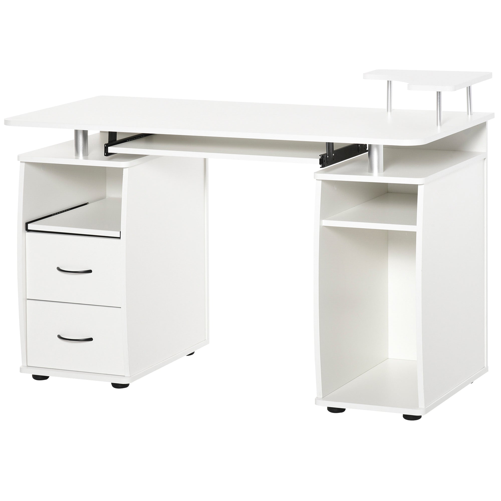 Bureau informatique étagères et tiroir, 120 x 55 x 85 cm, bureau d'ordinateur avec rangement support imprimant et clavier, table d'étude pour chambre, bureau, blanc