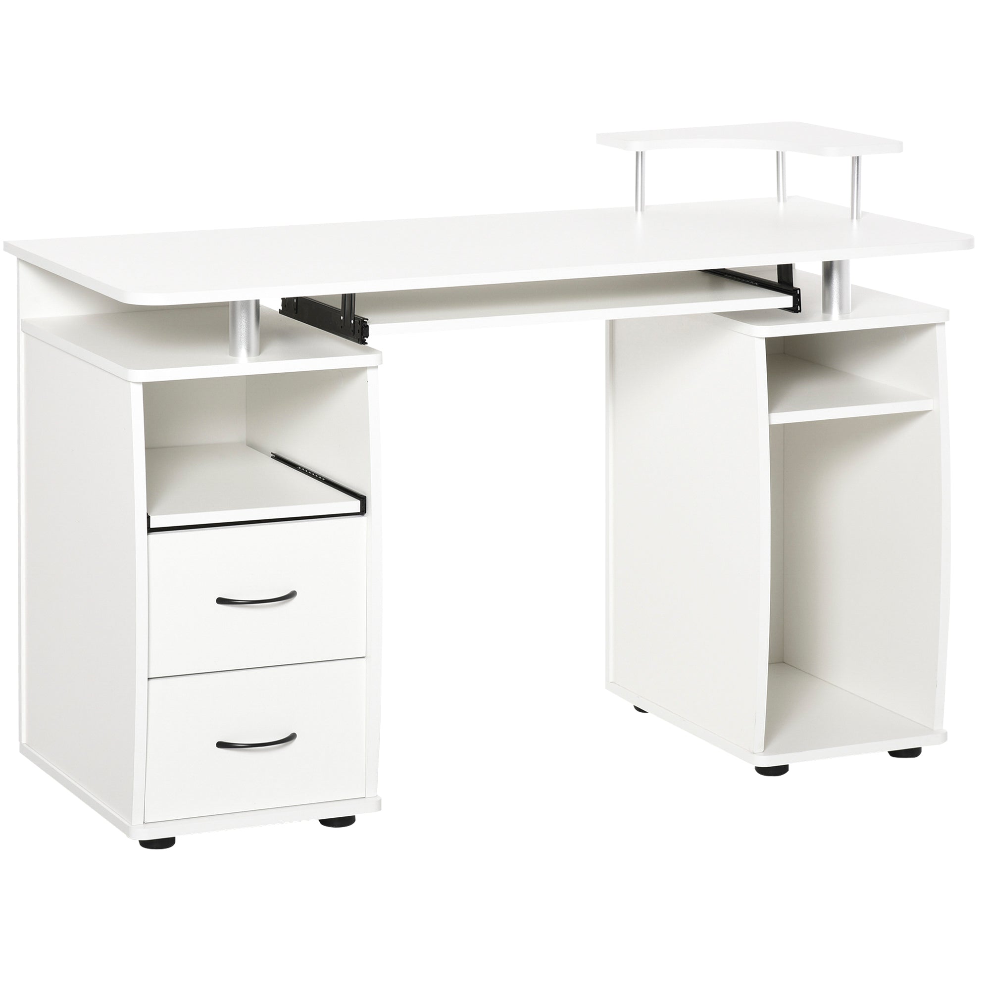Bureau informatique étagères et tiroir, 120 x 55 x 85 cm, bureau d'ordinateur avec rangement support imprimant et clavier, table d'étude pour chambre, bureau, blanc