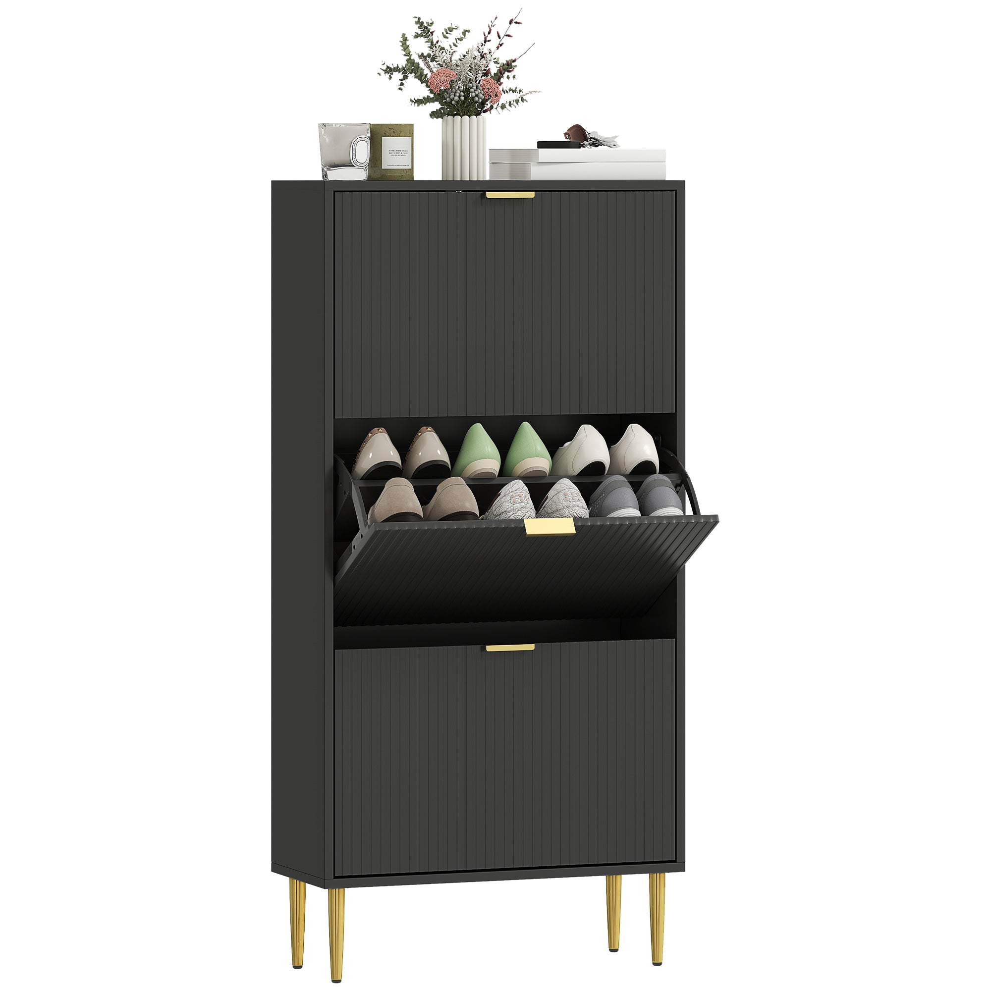 Meuble à chaussures 18 paires, armoire à chaussures étroite moderne avec 3 tiroirs rabattables, portes cannelées et étagères réglables, pour couloir et entrée, 60 x 24 x 122,5 cm, noir