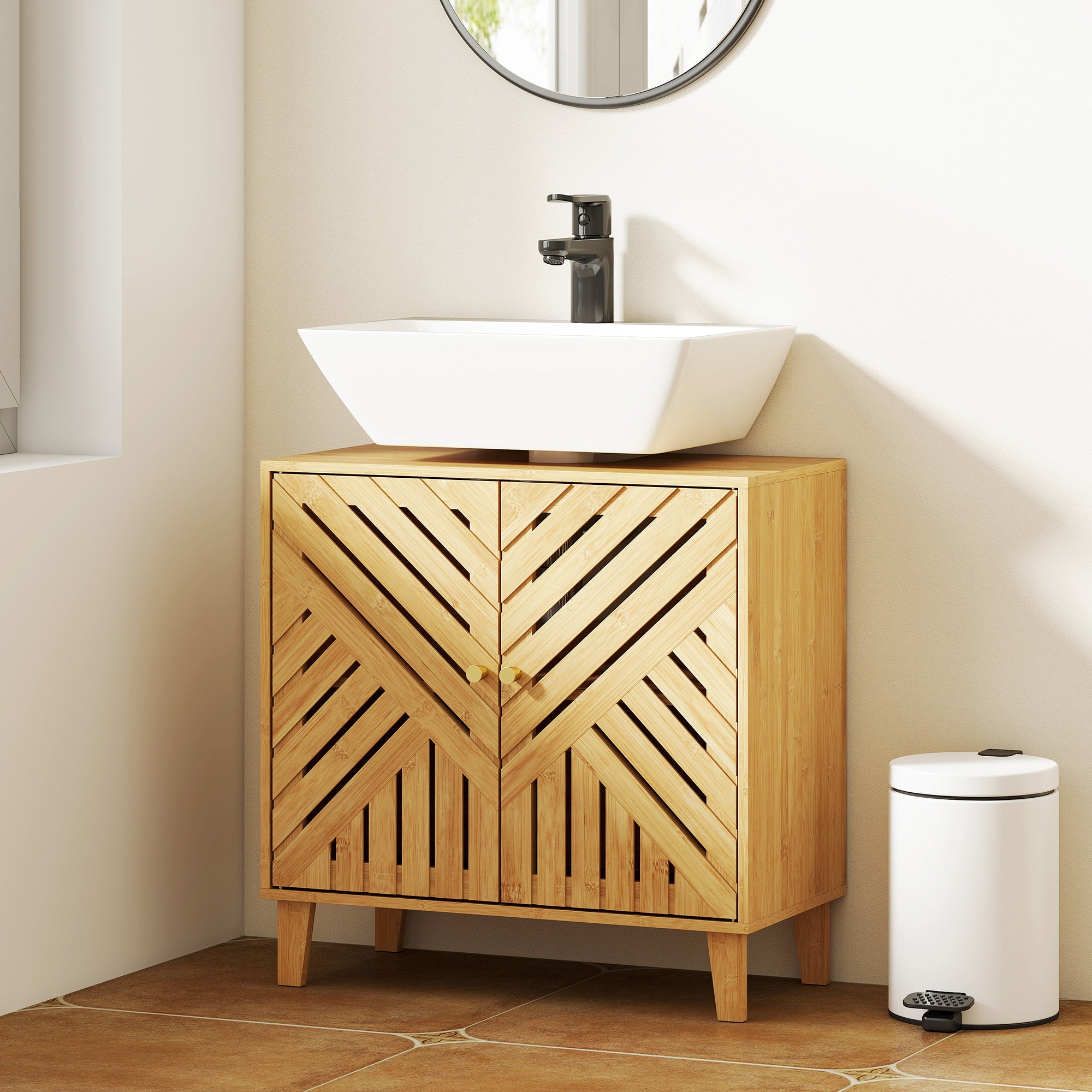 Meuble sous lavabo, meuble de salle de bain en bambou avec étagère réglable et portes à lattes, anti-humidité, 60 x 30 x 60 cm, naturel