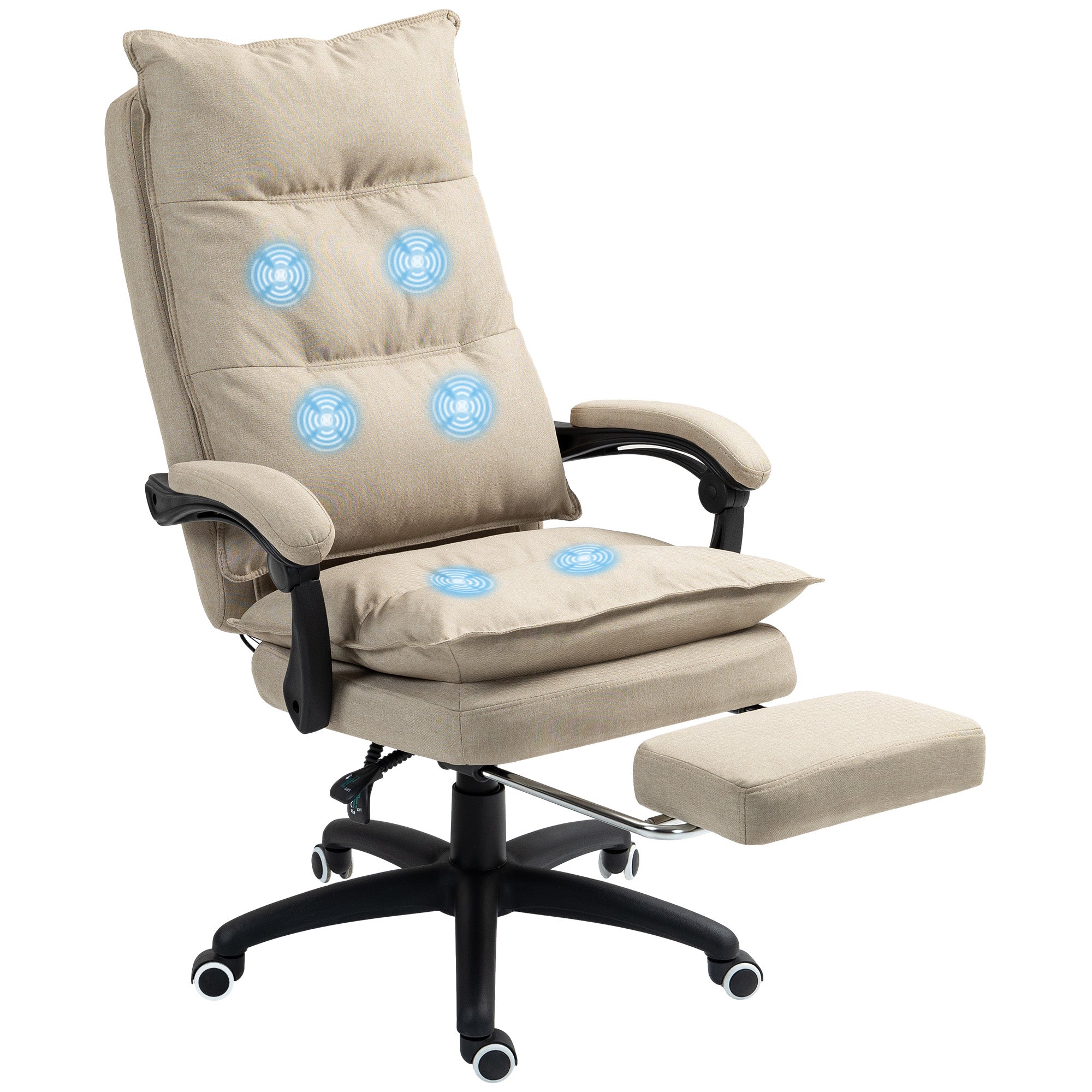 Fauteuil de bureau massant, chaise de bureau, chaise ergonomique avec hauteur réglable, dossier inclinable, repose-pied intégré et télécommande filaire, pivotant à 360°, aspect de lin beige