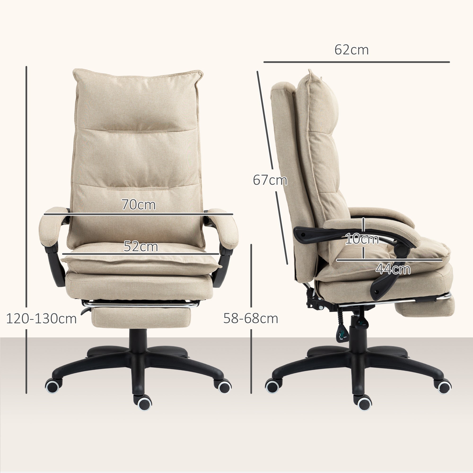 Fauteuil de bureau massant, chaise de bureau, chaise ergonomique avec hauteur réglable, dossier inclinable, repose-pied intégré et télécommande filaire, pivotant à 360°, aspect de lin beige