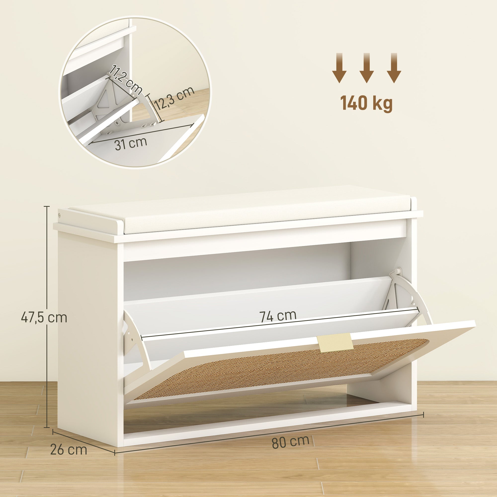 Banc chaussures entrée, banc de rangement étroit, assise rembourrée, porte en rotin, tiroir rabattable et étagère réglable, style bohème, pour entrée, couloir, 80 x 26 x 47,5 cm, blanc