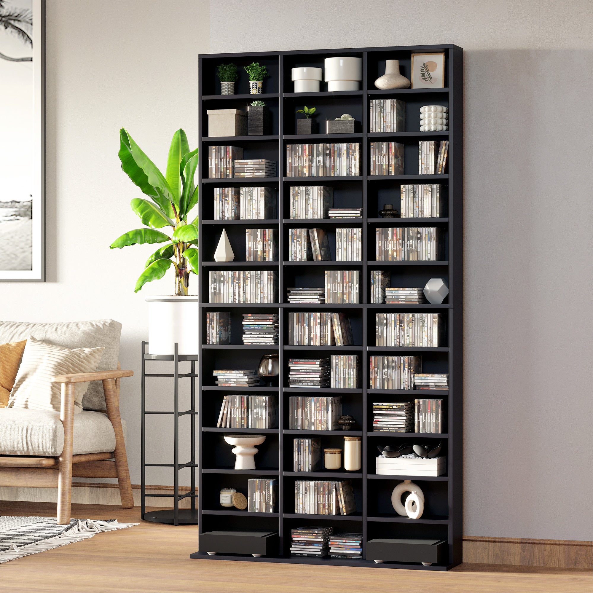 Rangements pour CD et DVD, étagère rangement, capacité max. 1116 CD/528 DVD, 36 compartiments et étagères réglables, pour bureau, salon, chambre, 102 x 23,5 x 195 cm, noir