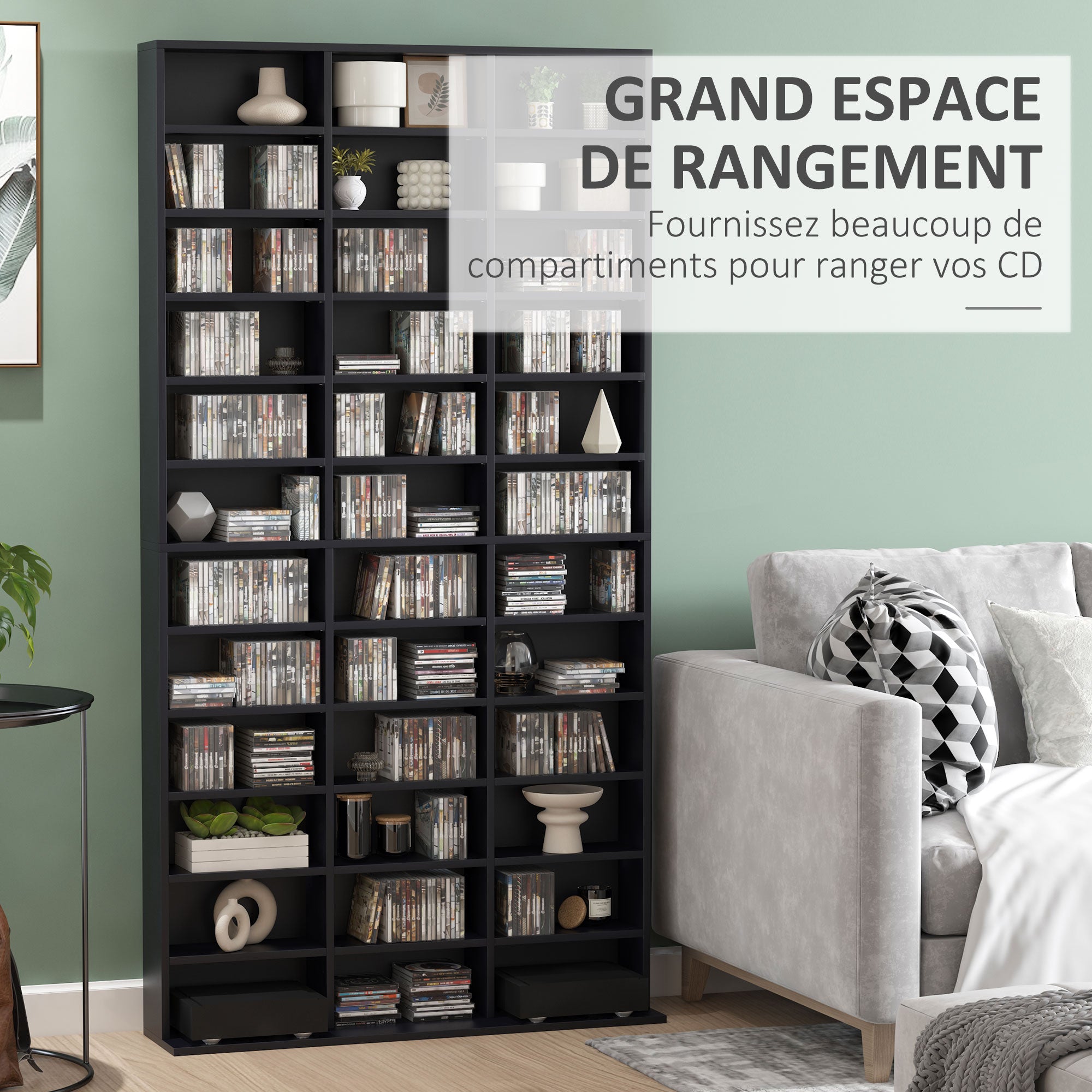 Rangements pour CD et DVD, étagère rangement, capacité max. 1116 CD/528 DVD, 36 compartiments et étagères réglables, pour bureau, salon, chambre, 102 x 23,5 x 195 cm, noir