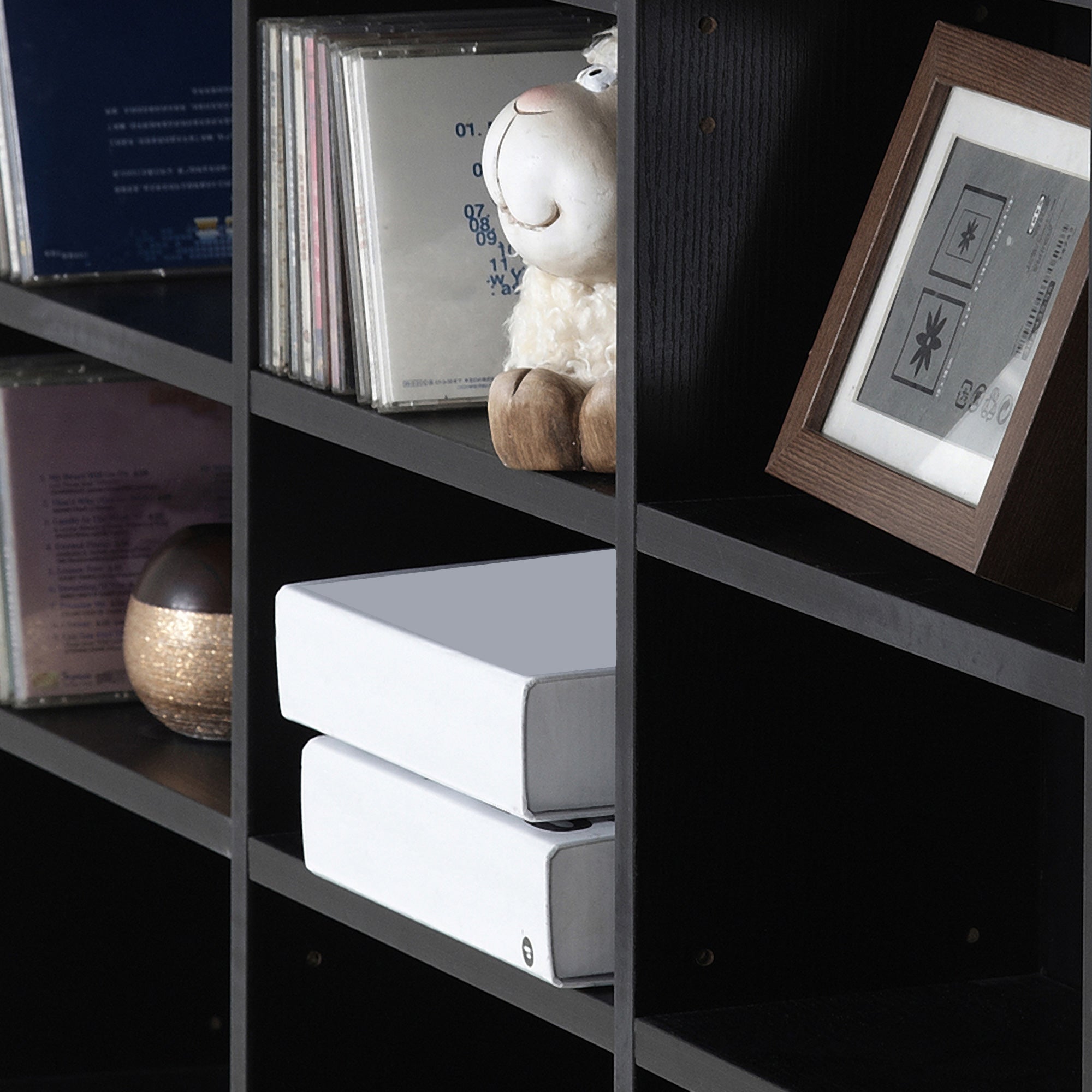 Rangements pour CD et DVD, étagère rangement, capacité max. 1116 CD/528 DVD, 36 compartiments et étagères réglables, pour bureau, salon, chambre, 102 x 23,5 x 195 cm, noir