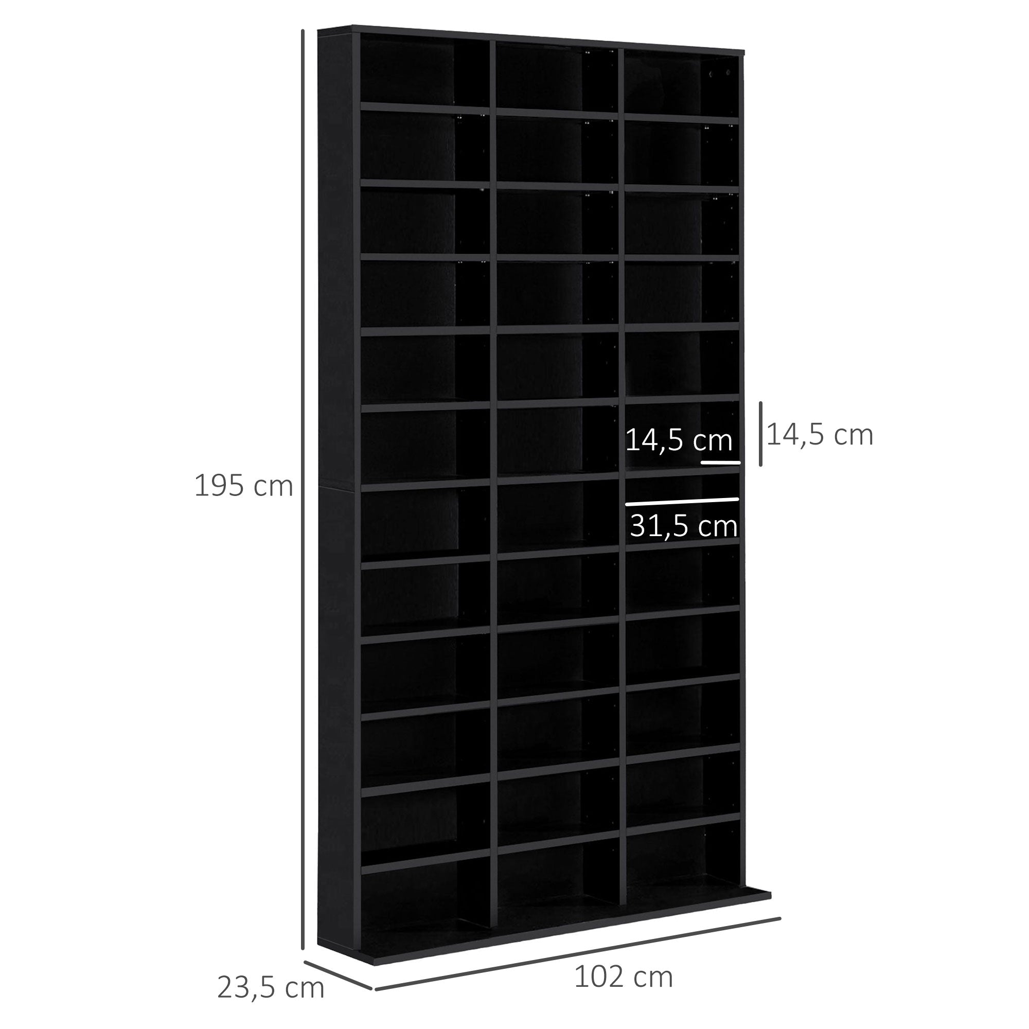 Rangements pour CD et DVD, étagère rangement, capacité max. 1116 CD/528 DVD, 36 compartiments et étagères réglables, pour bureau, salon, chambre, 102 x 23,5 x 195 cm, noir