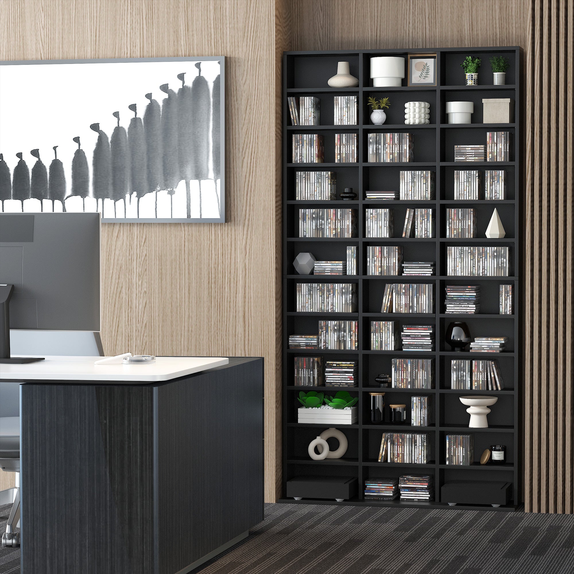 Rangements pour CD et DVD, étagère rangement, capacité max. 1116 CD/528 DVD, 36 compartiments et étagères réglables, pour bureau, salon, chambre, 102 x 23,5 x 195 cm, noir