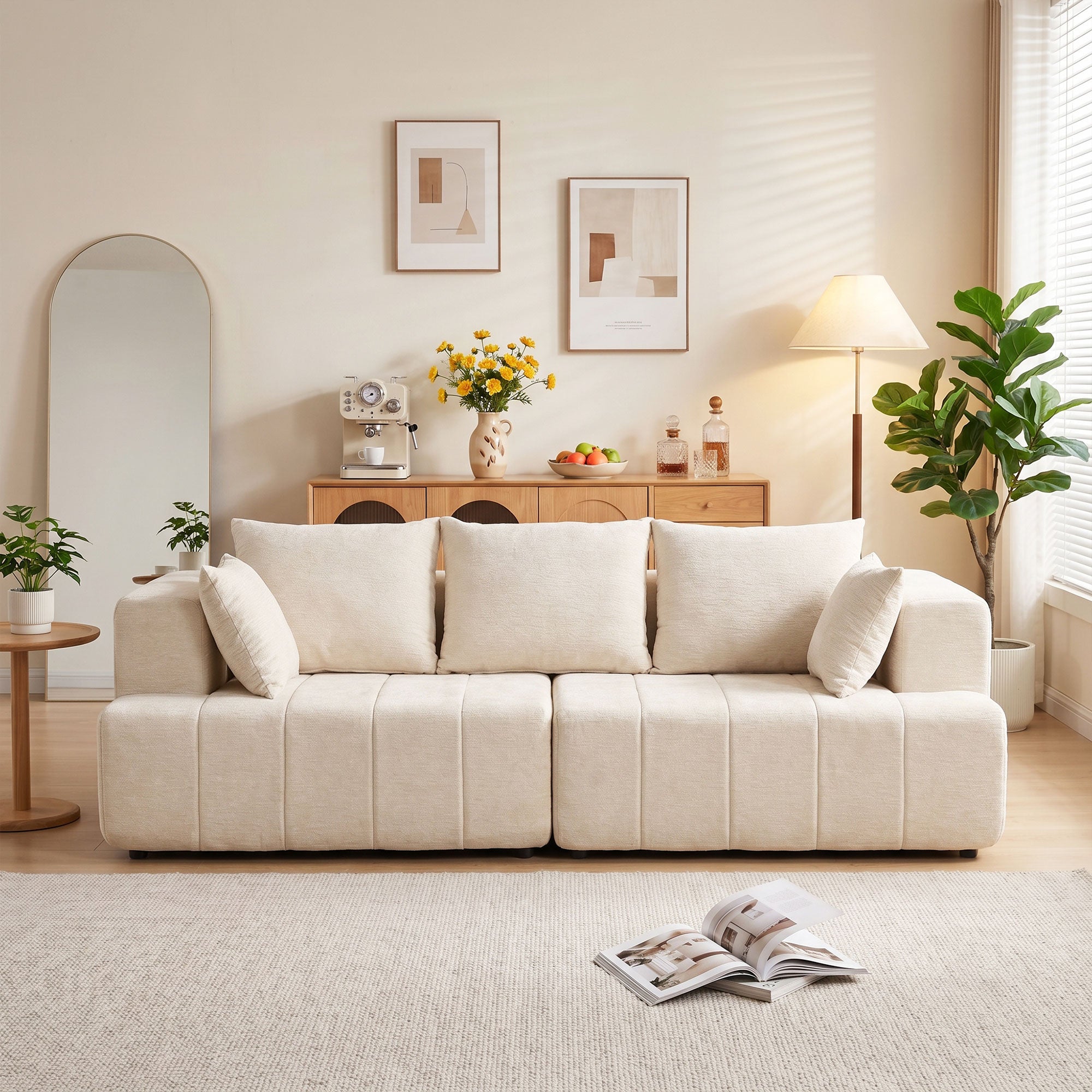 Canapé 3 places en chenille 248 cm, canapé salon moderne, large assise rembourrée, coussins à ressorts, larges accoudoirs, 2 coussins, base antidérapante, pour salon, chambre, beige