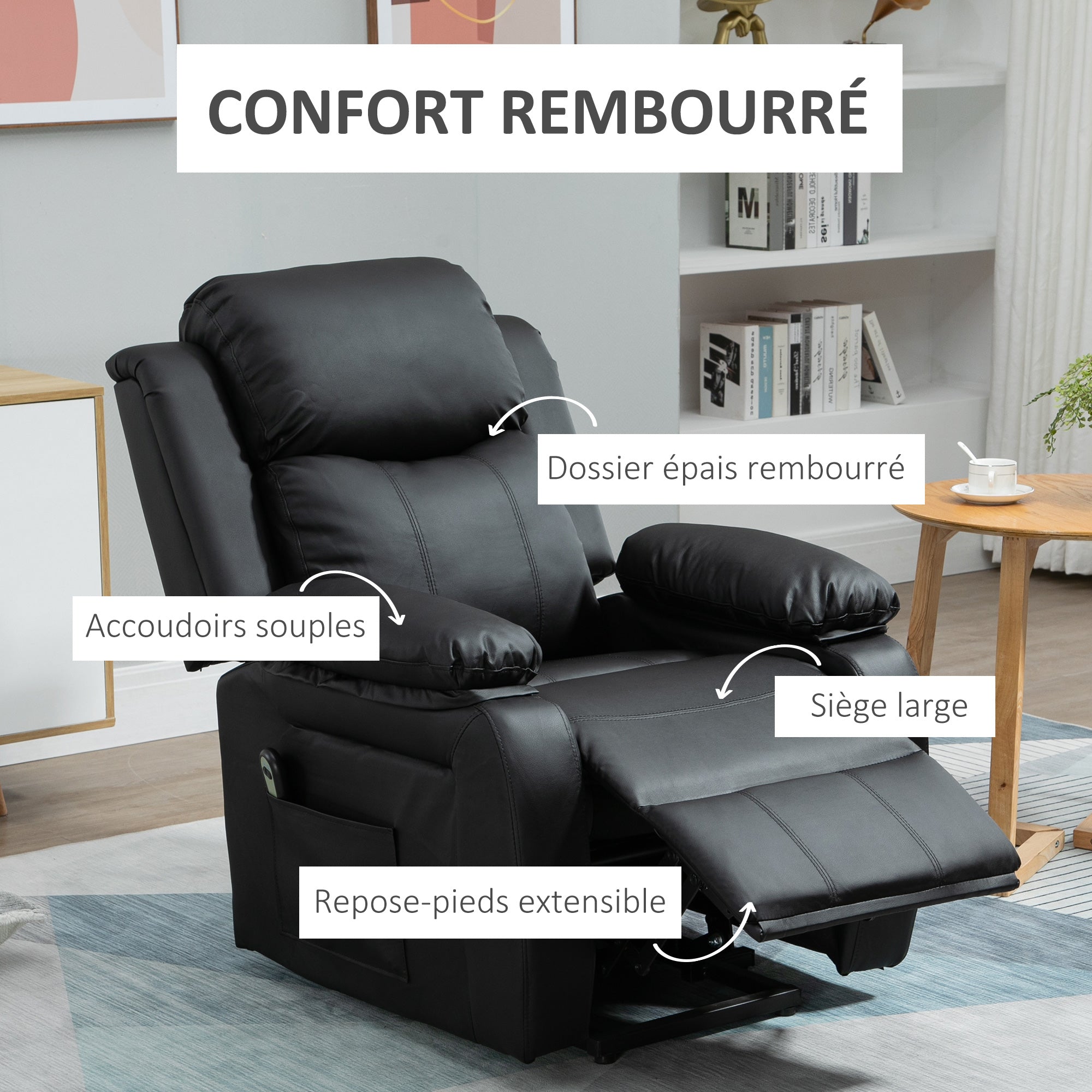 Fauteuil releveur électrique, fauteuil relax électrique avec repose-pied, dossier inclinable, télécommande et poches latérales, revêtement en PU, pour personnes âgées, noir