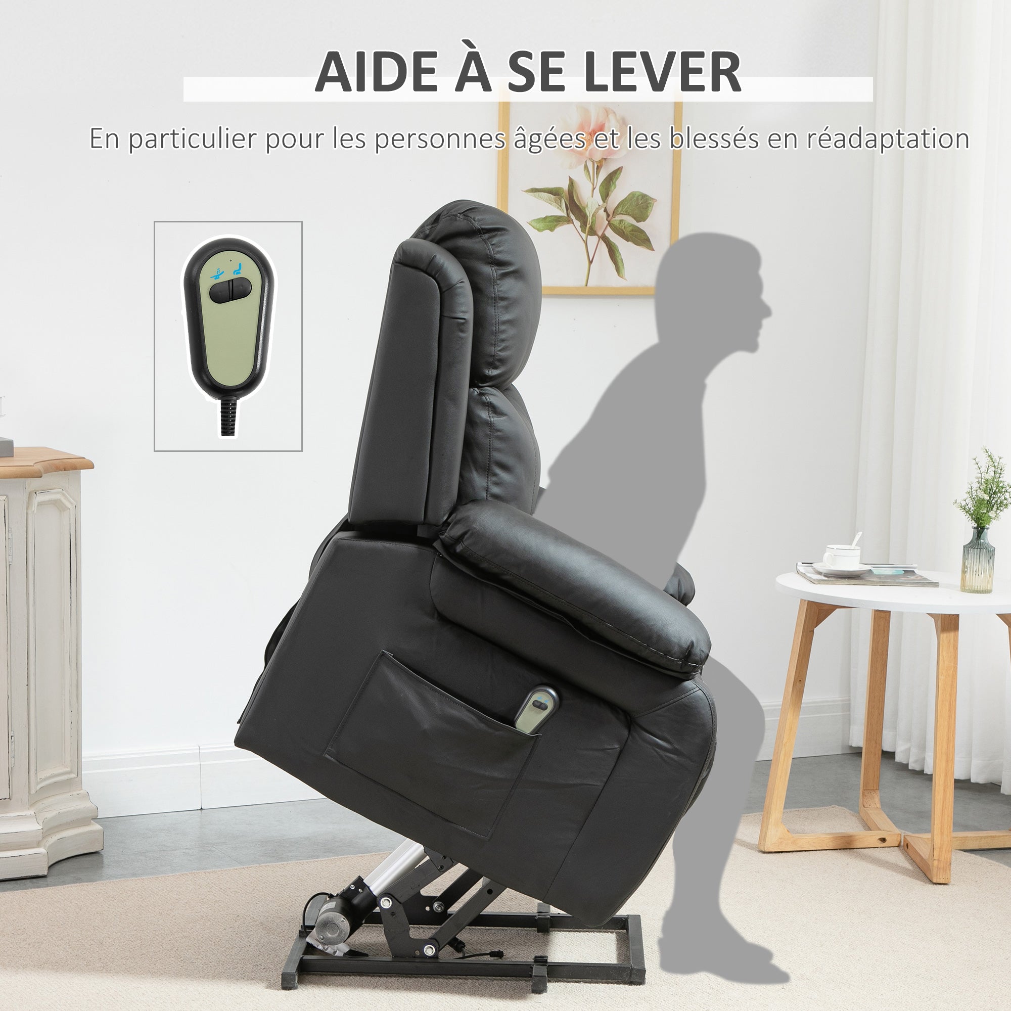 Fauteuil releveur électrique, fauteuil relax électrique avec repose-pied, dossier inclinable, télécommande et poches latérales, revêtement en PU, pour personnes âgées, noir