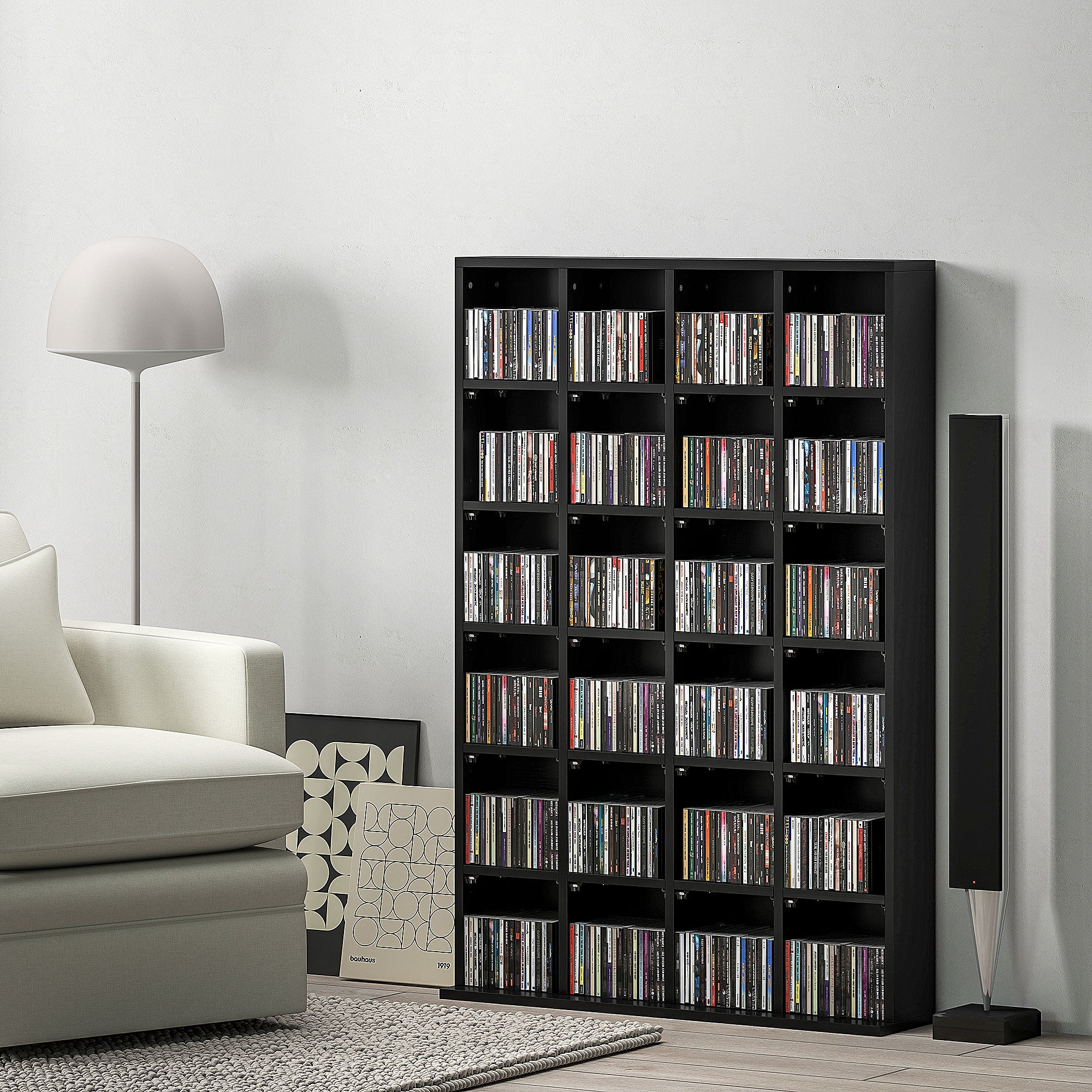 Rangements pour CD et DVD, meuble de rangement multimédia avec 24 compartiments, capacité max. 456 CD/ 336 DVD, bibliothèque en bois avec étagères réglables, 89 x 20 x 130,5 cm, noir