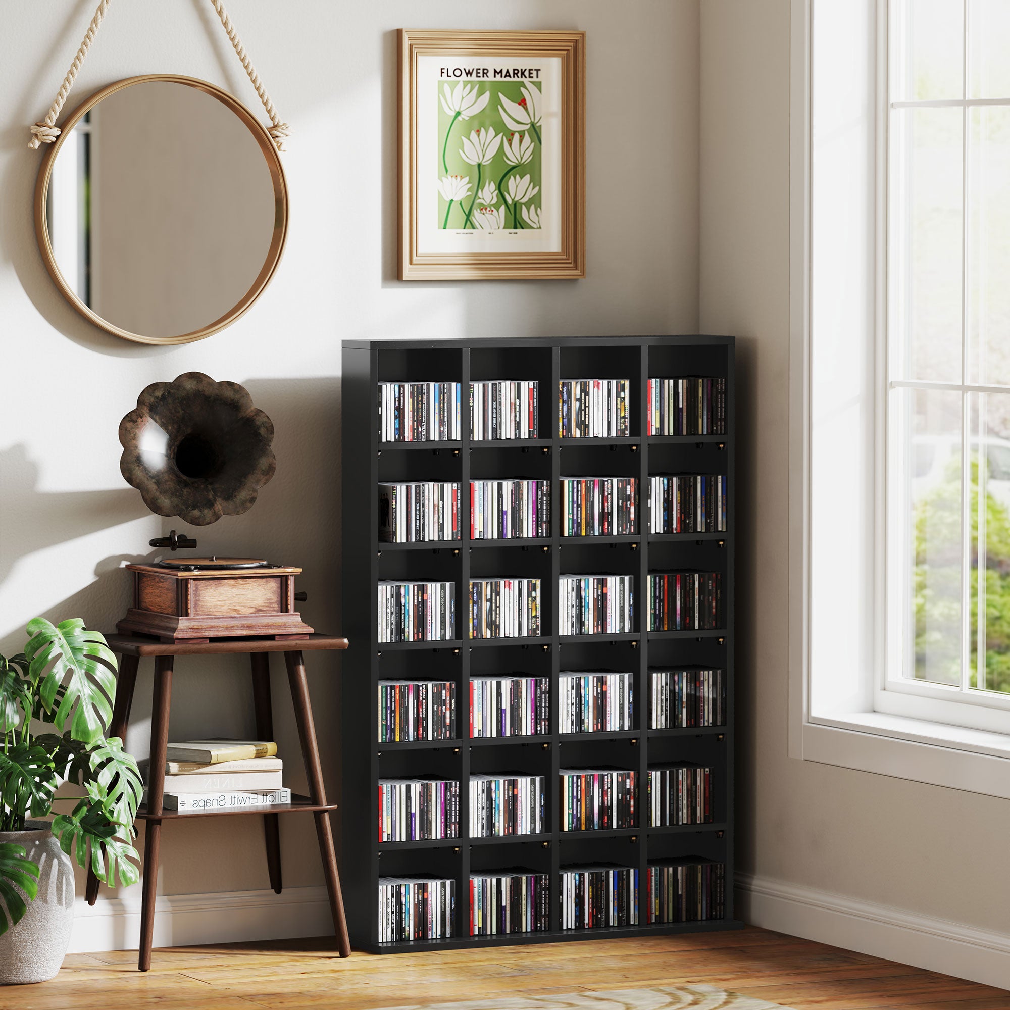 Rangements pour CD et DVD, meuble de rangement multimédia avec 24 compartiments, capacité max. 456 CD/ 336 DVD, bibliothèque en bois avec étagères réglables, 89 x 20 x 130,5 cm, noir