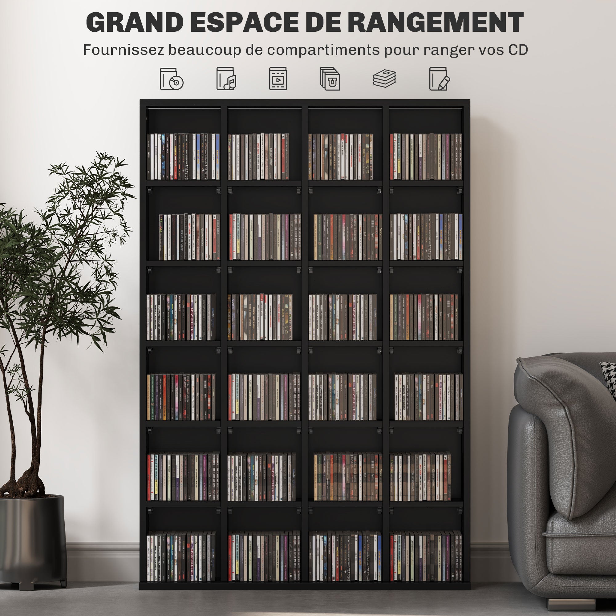 Rangements pour CD et DVD, meuble de rangement multimédia avec 24 compartiments, capacité max. 456 CD/ 336 DVD, bibliothèque en bois avec étagères réglables, 89 x 20 x 130,5 cm, noir