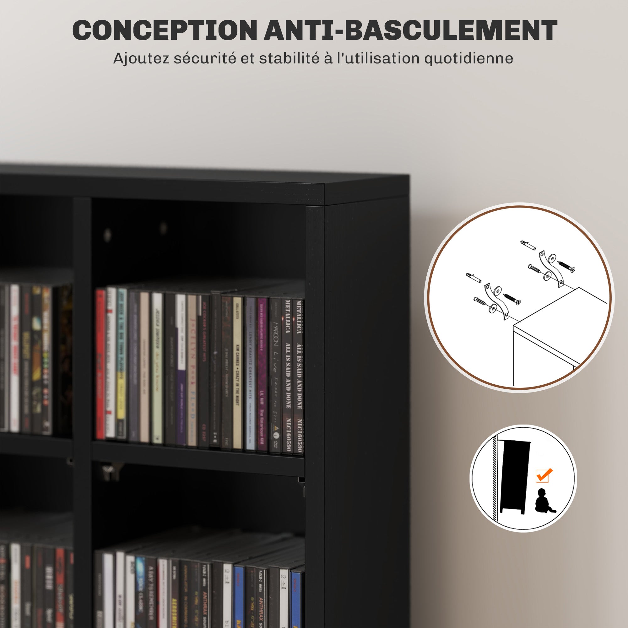 Rangements pour CD et DVD, meuble de rangement multimédia avec 24 compartiments, capacité max. 456 CD/ 336 DVD, bibliothèque en bois avec étagères réglables, 89 x 20 x 130,5 cm, noir