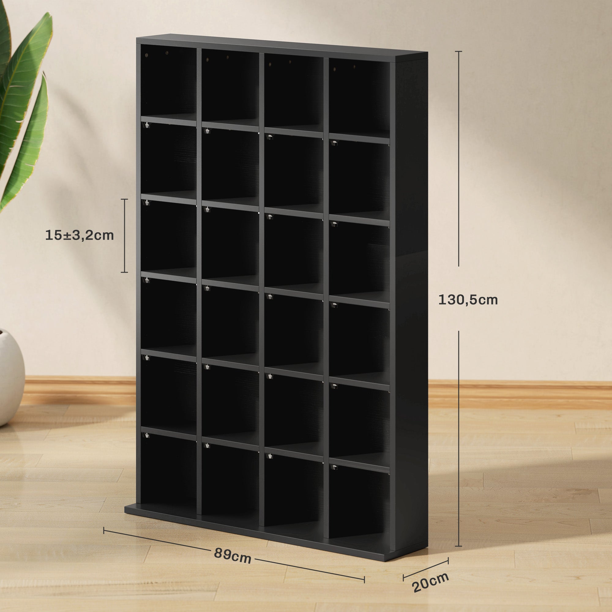 Rangements pour CD et DVD, meuble de rangement multimédia avec 24 compartiments, capacité max. 456 CD/ 336 DVD, bibliothèque en bois avec étagères réglables, 89 x 20 x 130,5 cm, noir