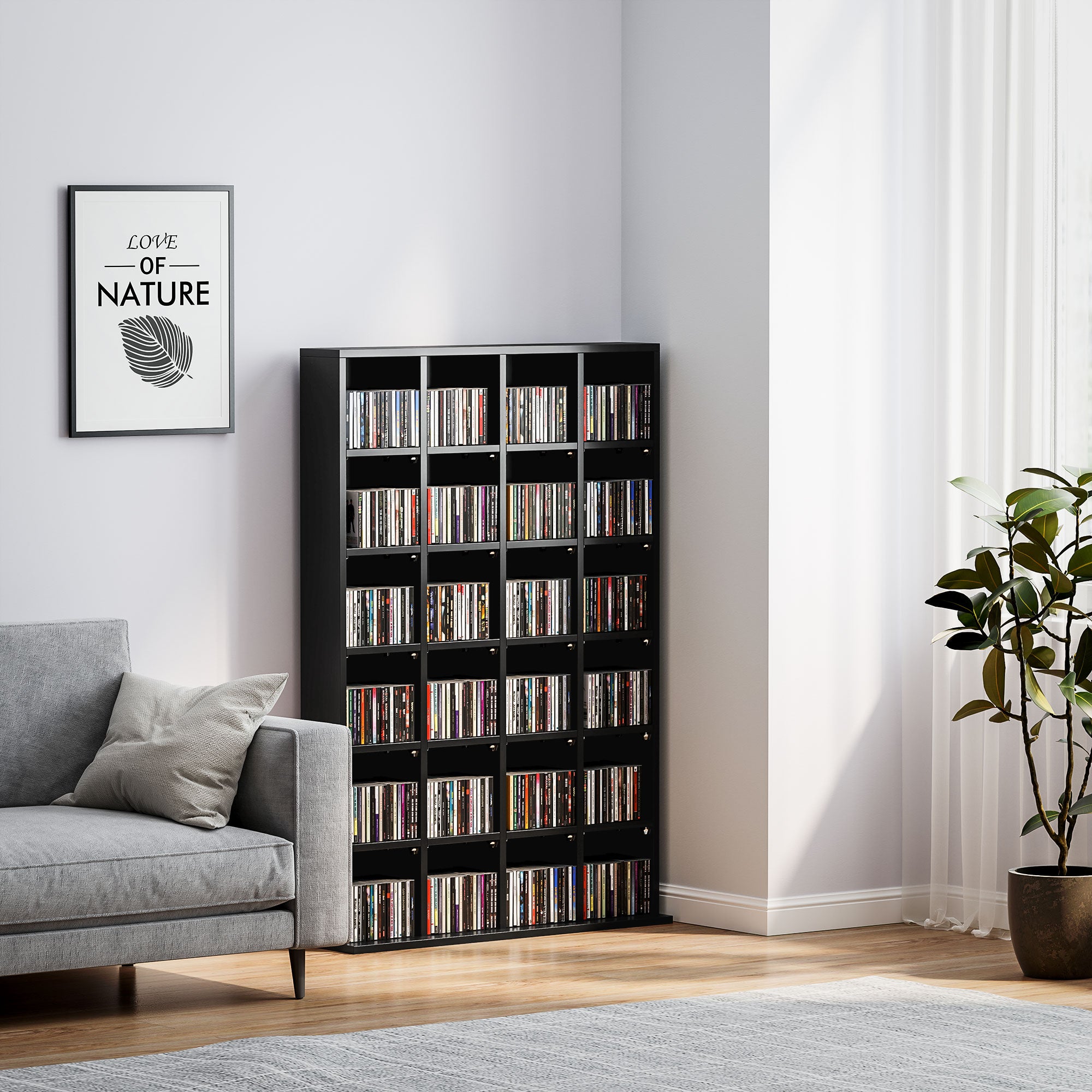 Rangements pour CD et DVD, meuble de rangement multimédia avec 24 compartiments, capacité max. 456 CD/ 336 DVD, bibliothèque en bois avec étagères réglables, 89 x 20 x 130,5 cm, noir