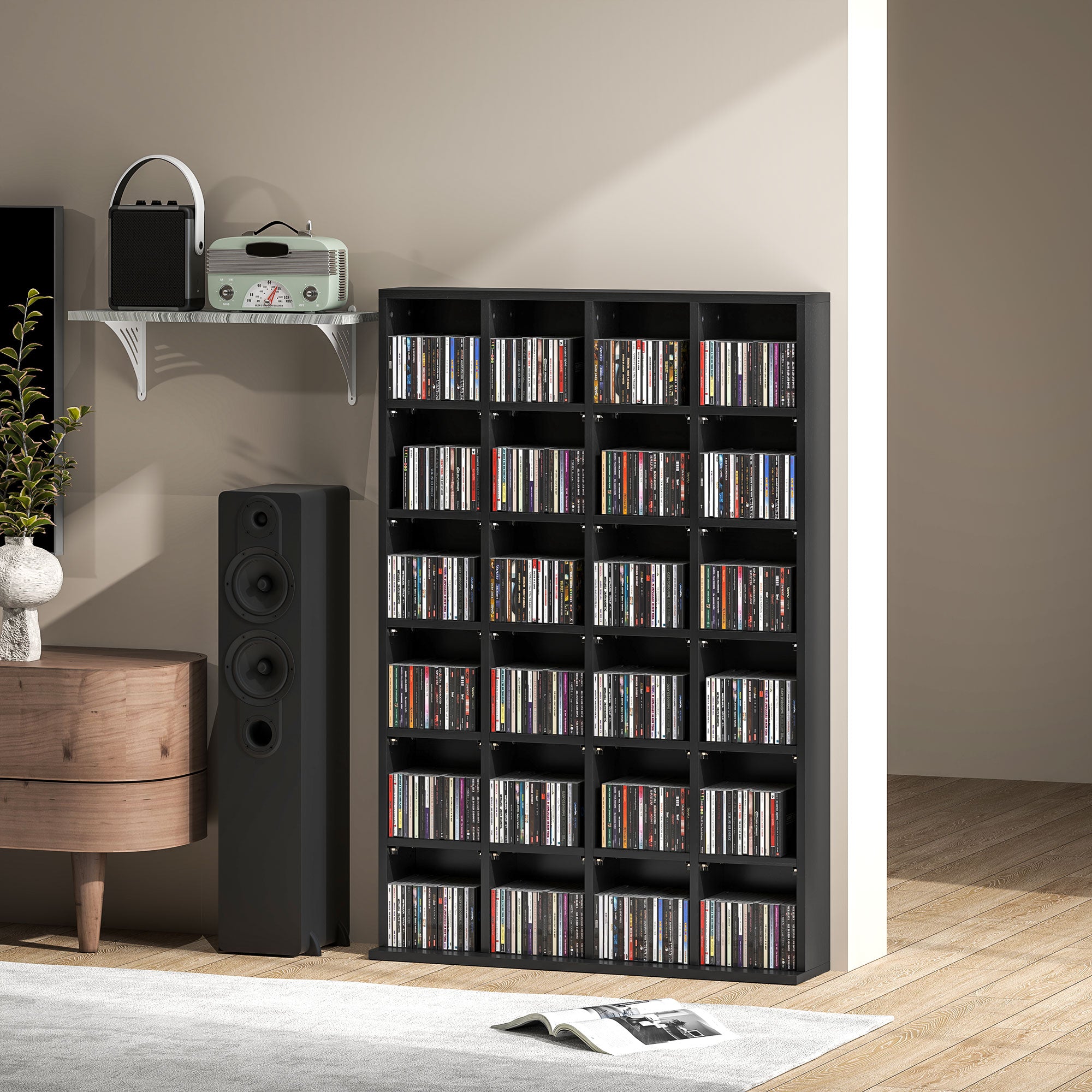 Rangements pour CD et DVD, meuble de rangement multimédia avec 24 compartiments, capacité max. 456 CD/ 336 DVD, bibliothèque en bois avec étagères réglables, 89 x 20 x 130,5 cm, noir