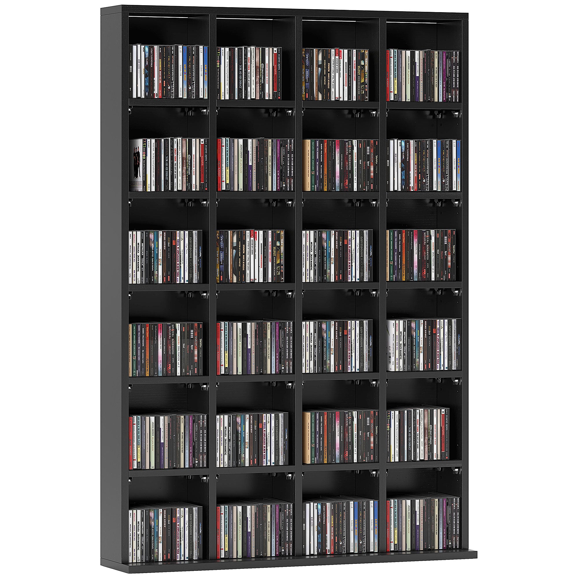 Rangements pour CD et DVD, meuble de rangement multimédia avec 24 compartiments, capacité max. 456 CD/ 336 DVD, bibliothèque en bois avec étagères réglables, 89 x 20 x 130,5 cm, noir