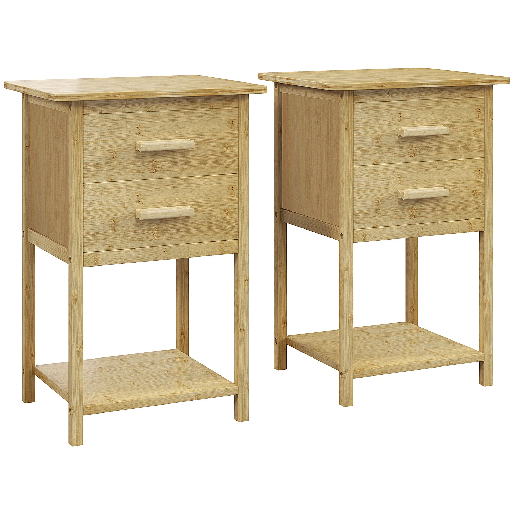 Lot de 2 tables de chevet, table de nuit, en bambou, table d'appoint avec 2 tiroirs et 1 étagère, style scandinave, 40 x 34 x 60 cm, naturel