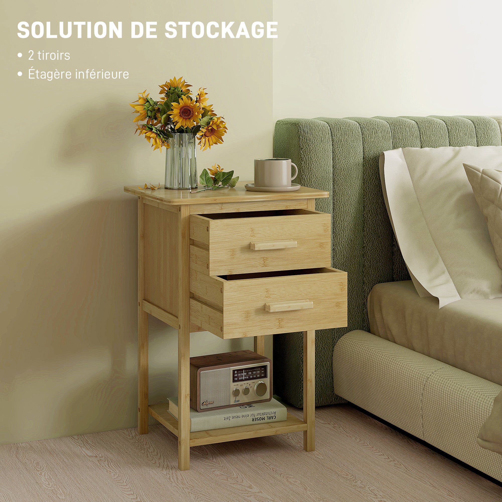 Lot de 2 tables de chevet, table de nuit, en bambou, table d'appoint avec 2 tiroirs et 1 étagère, style scandinave, 40 x 34 x 60 cm, naturel