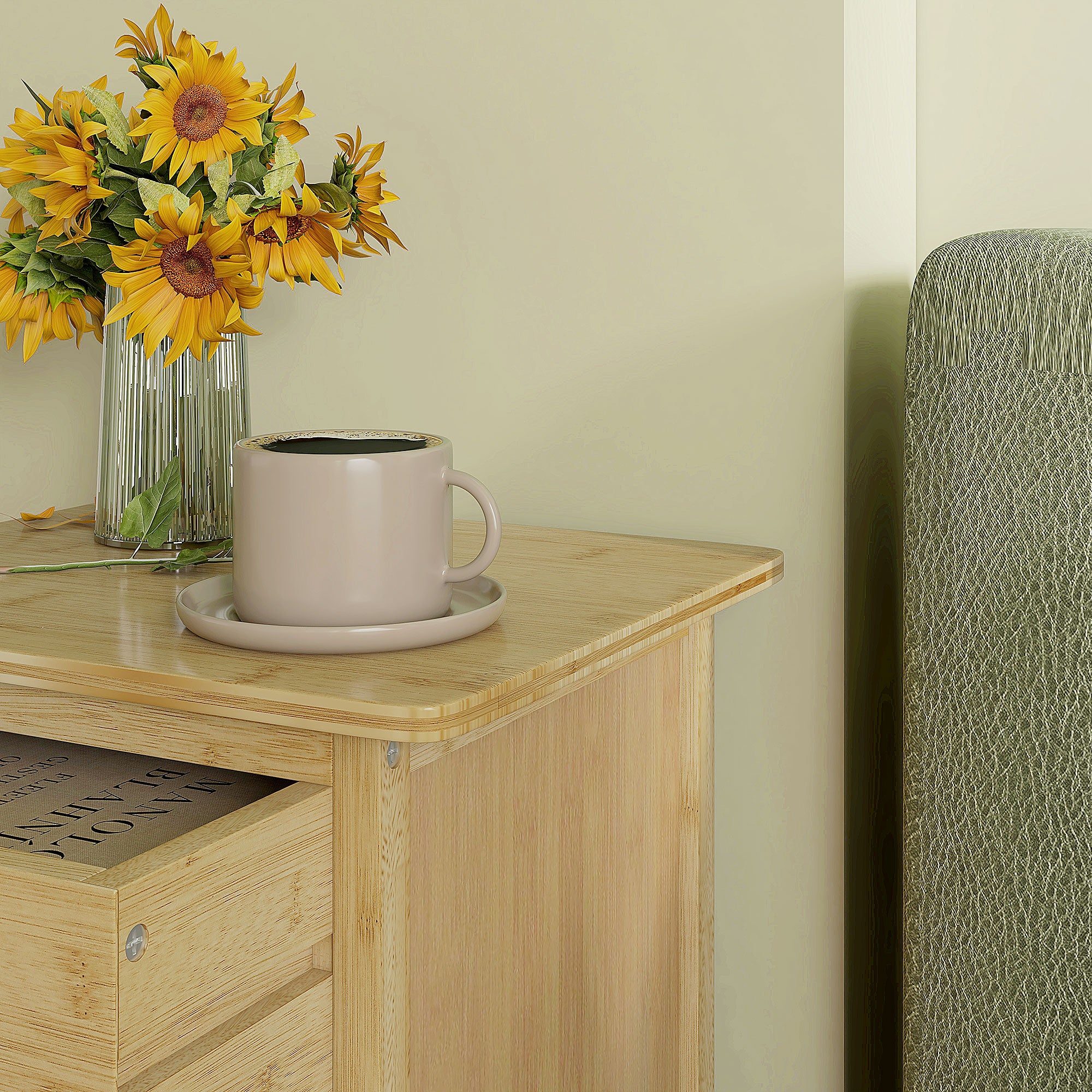 Lot de 2 tables de chevet, table de nuit, en bambou, table d'appoint avec 2 tiroirs et 1 étagère, style scandinave, 40 x 34 x 60 cm, naturel