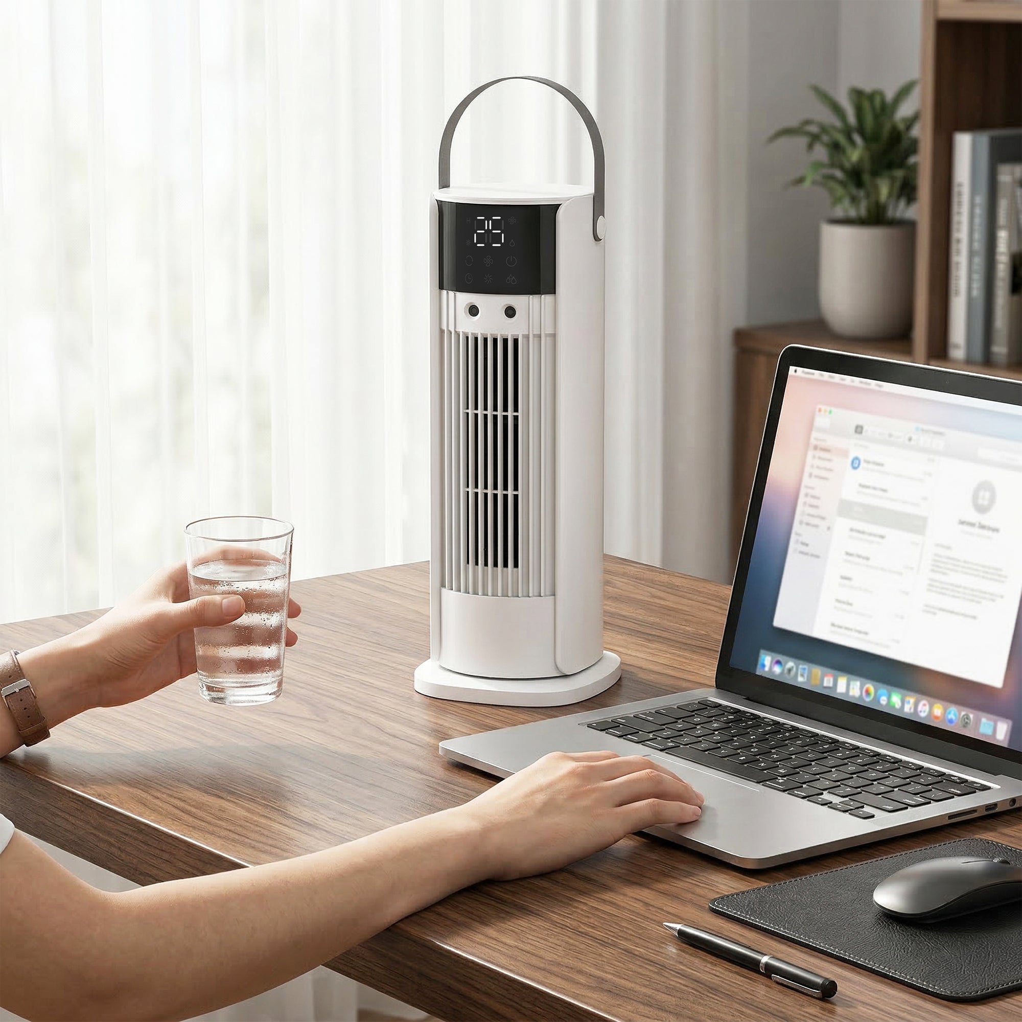 Ventilateur de table colonne avec brumisateur et éclairage RGB, ventilateur de bureau 3 vitesses, oscillation à 90°, minuterie 10 h, pour chambre et bureau, blanc