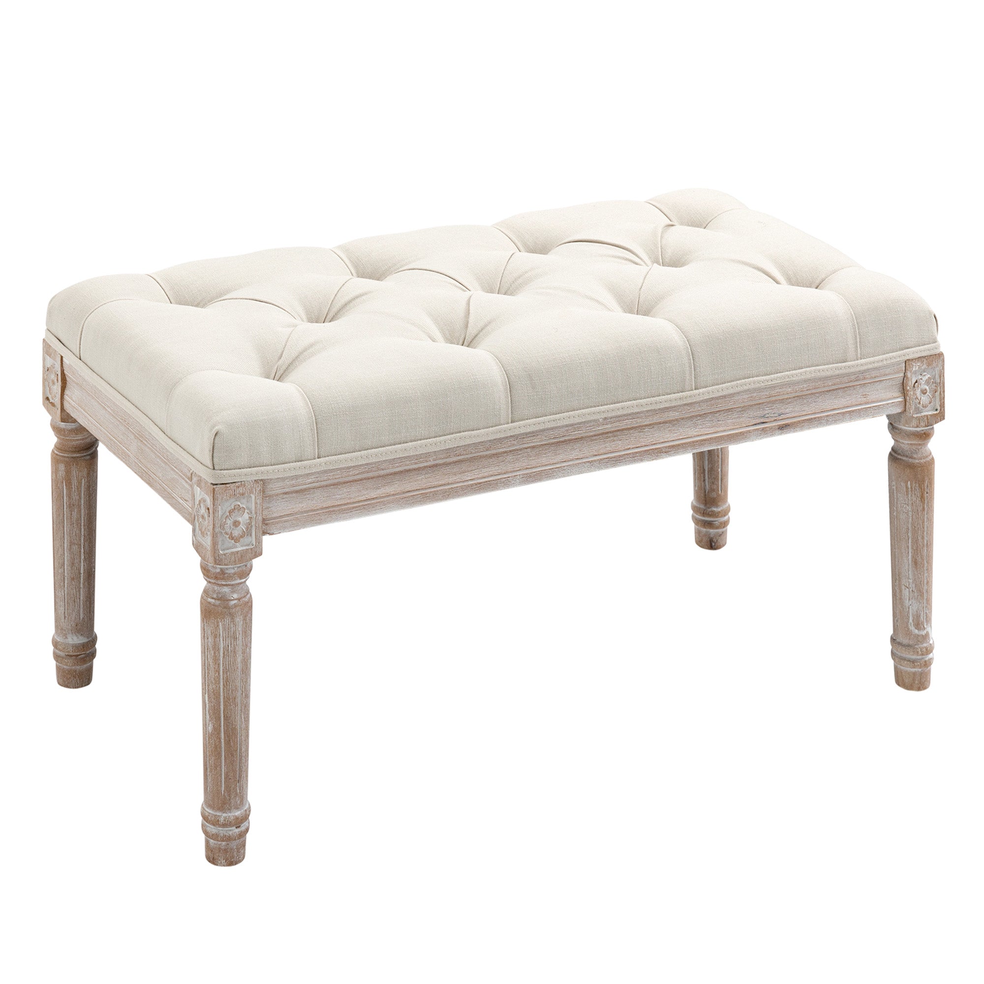 Banc Banquette classique capitonné 80cm bout de lit Rembourrée en lin - bois d'hévéa sculpté, patiné - beige