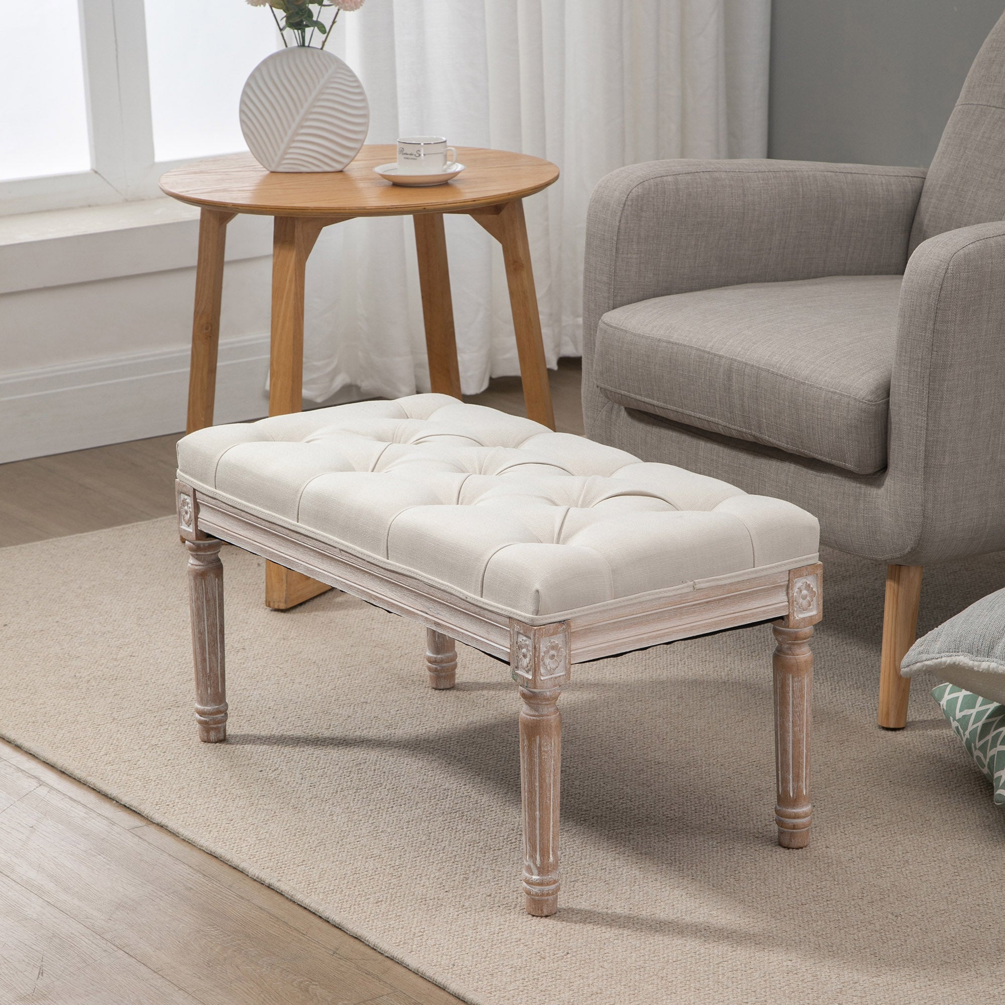 Banc Banquette classique capitonné 80cm bout de lit Rembourrée en lin - bois d'hévéa sculpté, patiné - beige