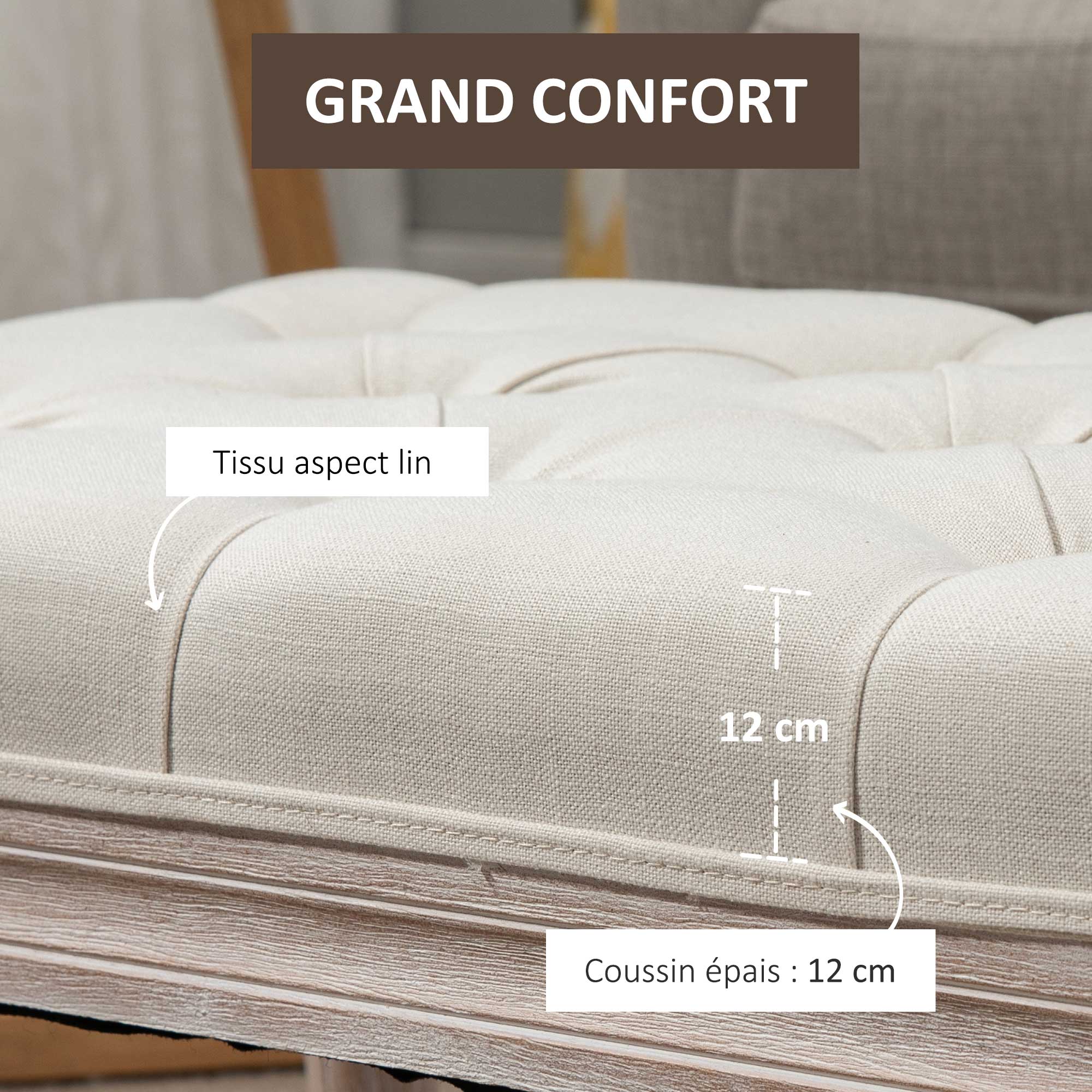 Banc Banquette classique capitonné 80cm bout de lit Rembourrée en lin - bois d'hévéa sculpté, patiné - beige