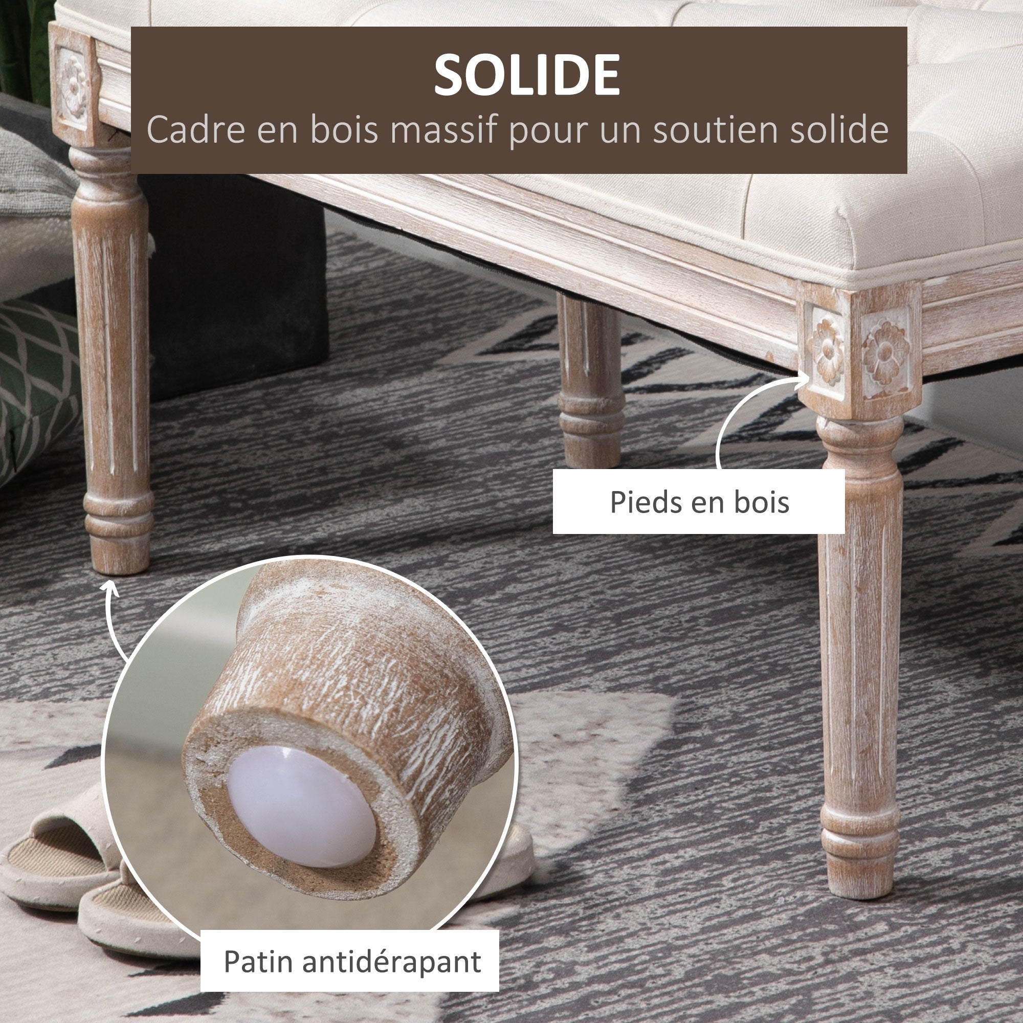 Banc Banquette classique capitonné 80cm bout de lit Rembourrée en lin - bois d'hévéa sculpté, patiné - beige