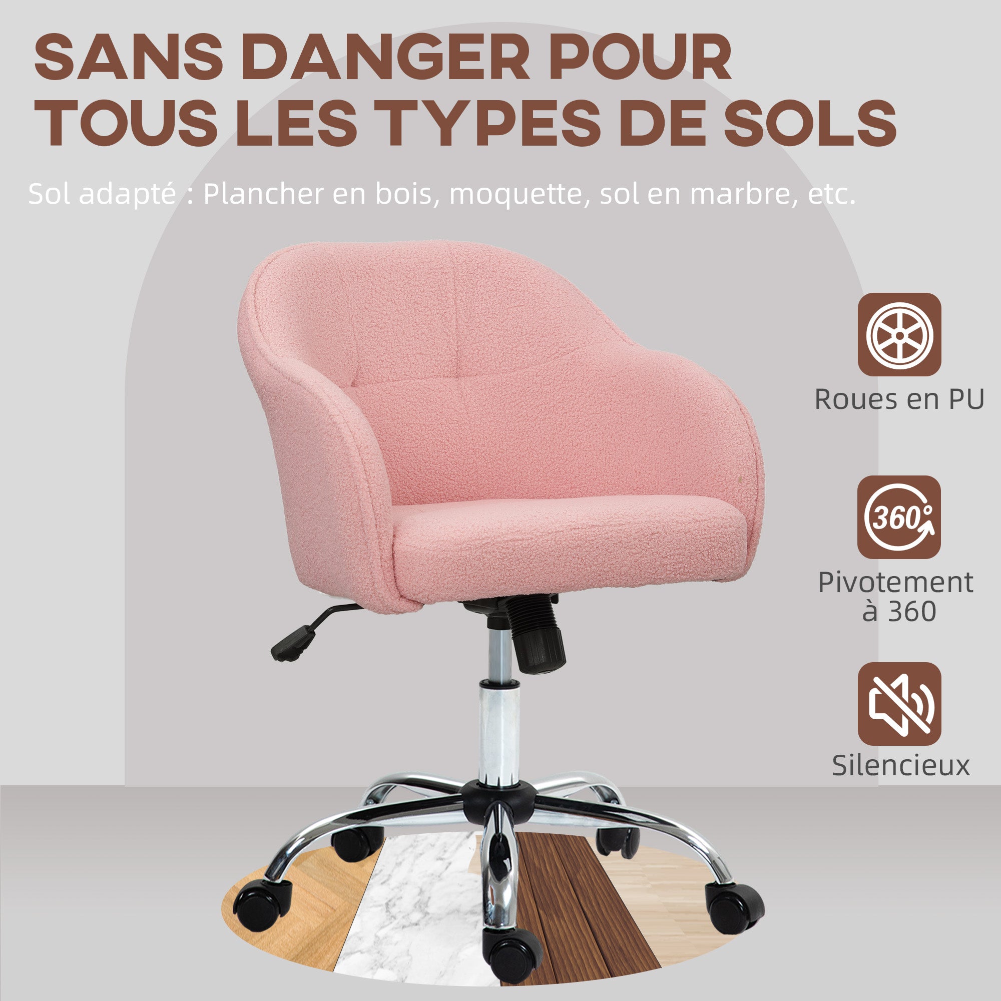 Chaise de bureau, fauteuil de bureau ergonomique en peluche Teddy, hauteur réglable, assise et dossier rembourrés, pivotant 360°, design moderne, pour bureau, chambre, rose