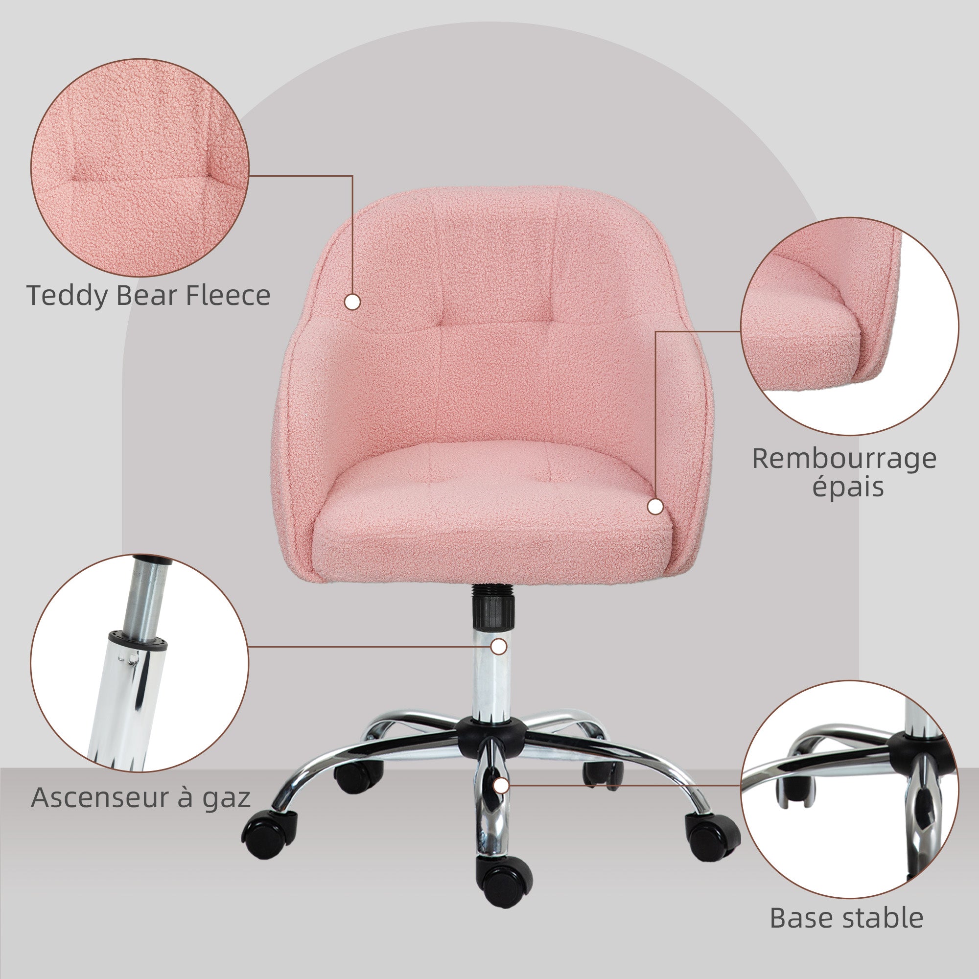 Chaise de bureau, fauteuil de bureau ergonomique en peluche Teddy, hauteur réglable, assise et dossier rembourrés, pivotant 360°, design moderne, pour bureau, chambre, rose