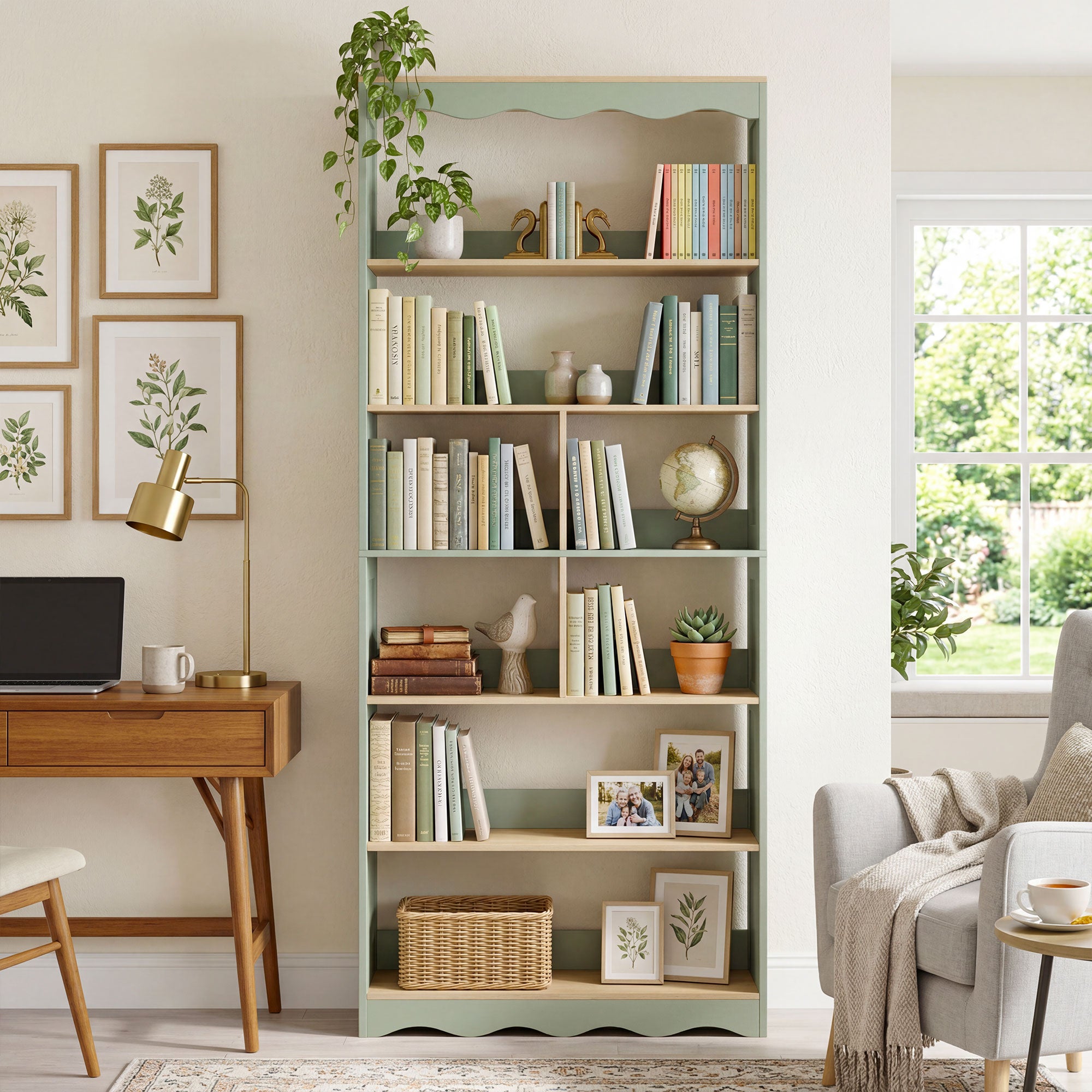 Bibliothèque, étagère de rangement à 6 niveaux avec 6 compartiments ouverts, meuble de rangement pour salon, bureau, chambre, 76 x 23,8 x 180 cm, bois naturel et vert