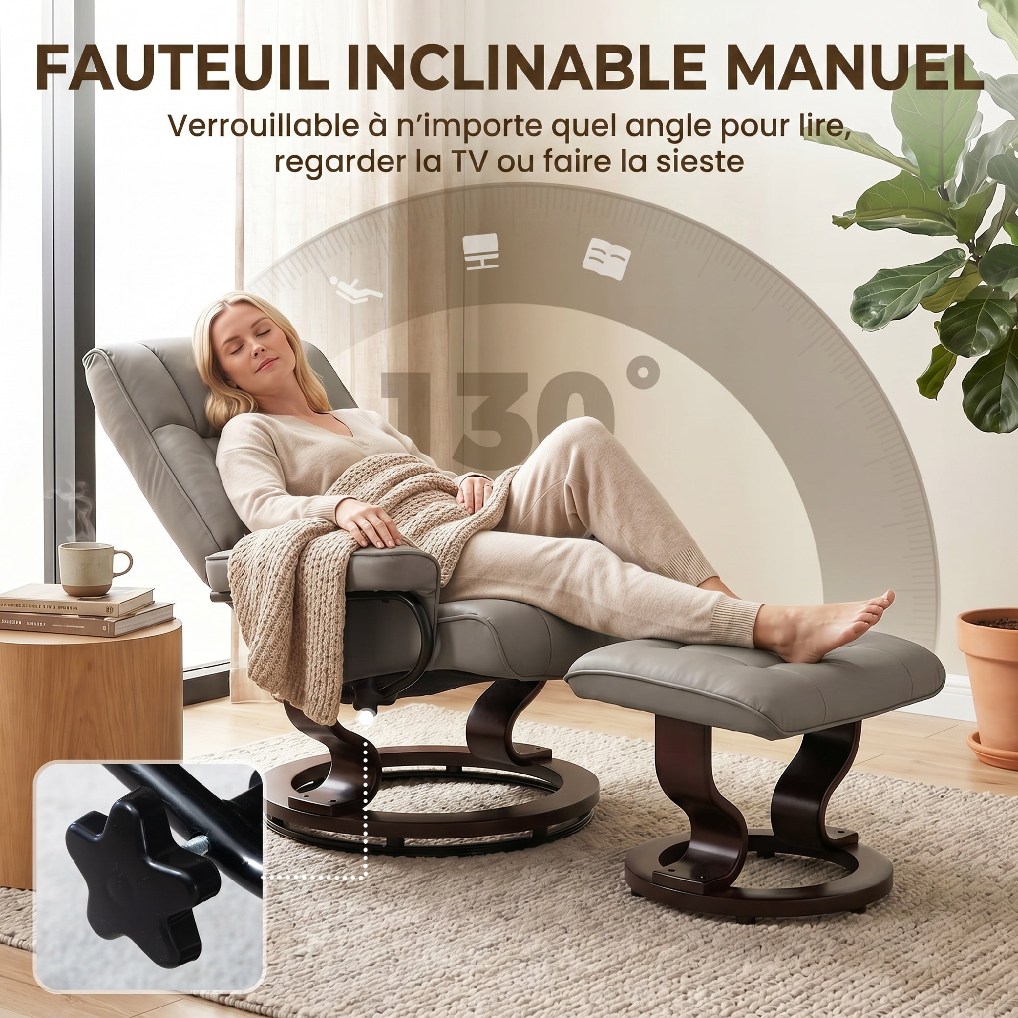 Fauteuil de relaxation inclinable avec repose-pied fauteuil relax de salon pivotant, cadre en bois revêtement synthétique 76 x 85 x 104 cm gris