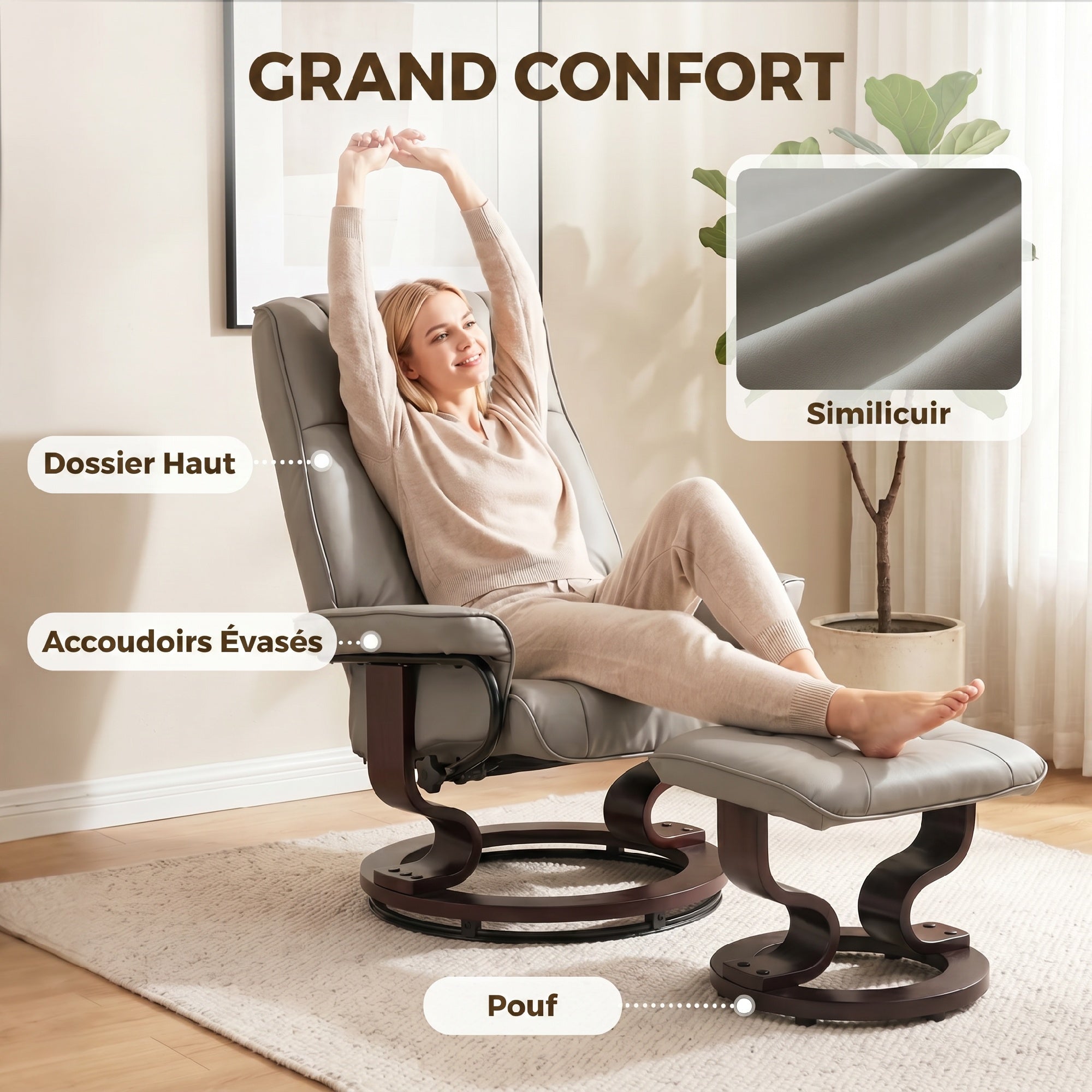 Fauteuil de relaxation inclinable avec repose-pied fauteuil relax de salon pivotant, cadre en bois revêtement synthétique 76 x 85 x 104 cm gris