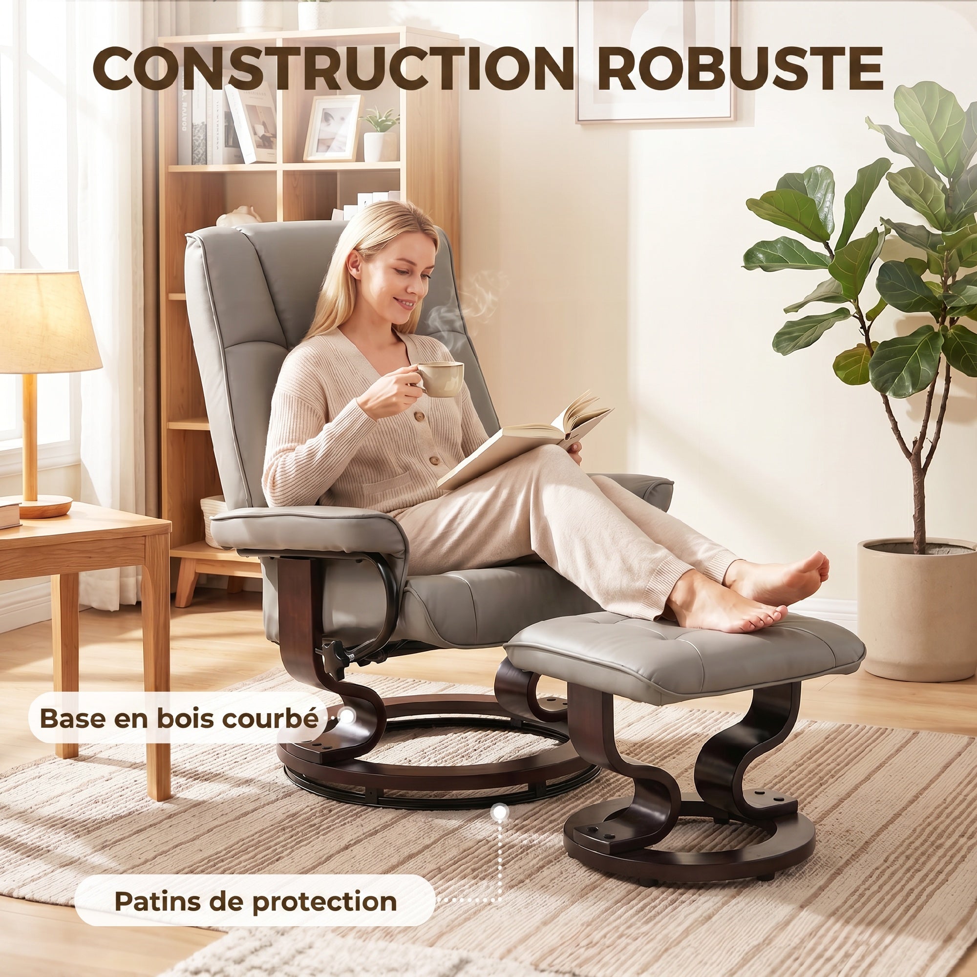 Fauteuil de relaxation inclinable avec repose-pied fauteuil relax de salon pivotant, cadre en bois revêtement synthétique 76 x 85 x 104 cm gris