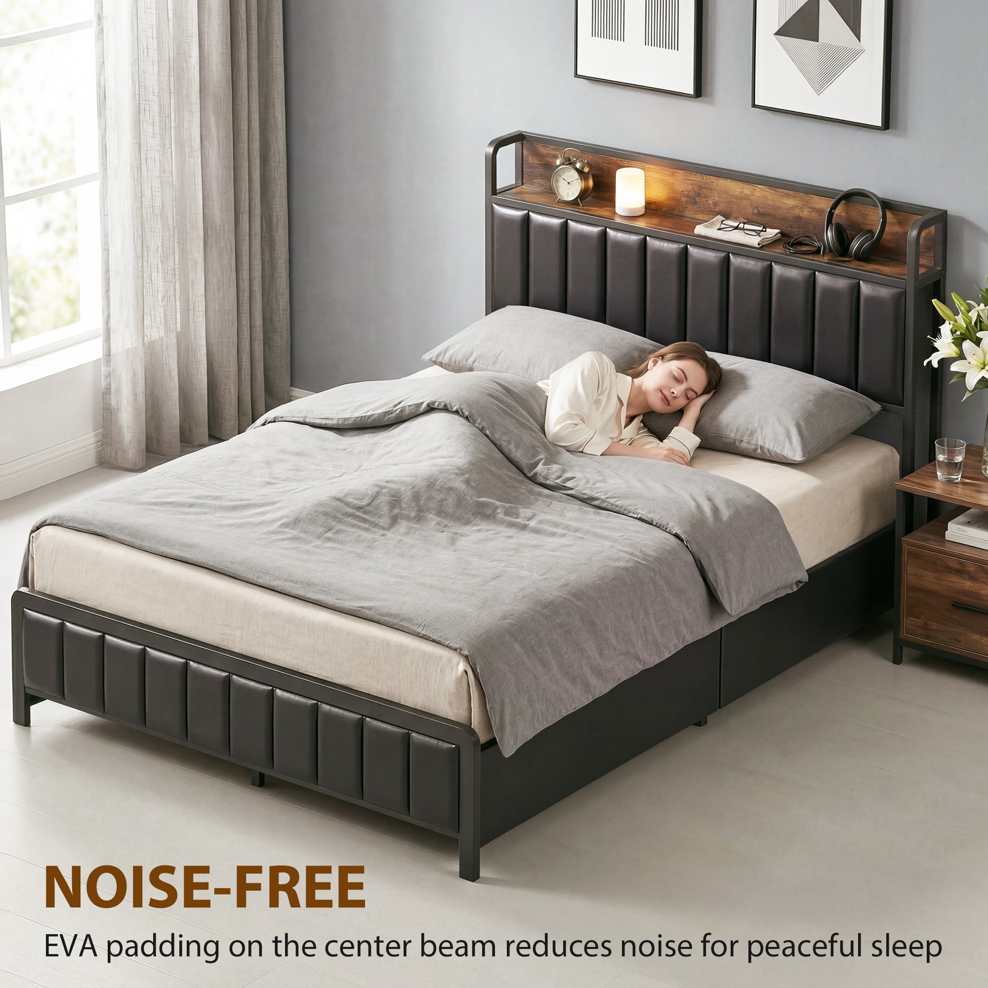 Cadre de lit 140 x 190 cm avec sommier à lattes en métal, lit double rembourré en cuir synthétique avec tête de lit, pied de lit, 4 tiroirs et étagère, sans bruit, style industriel, noir