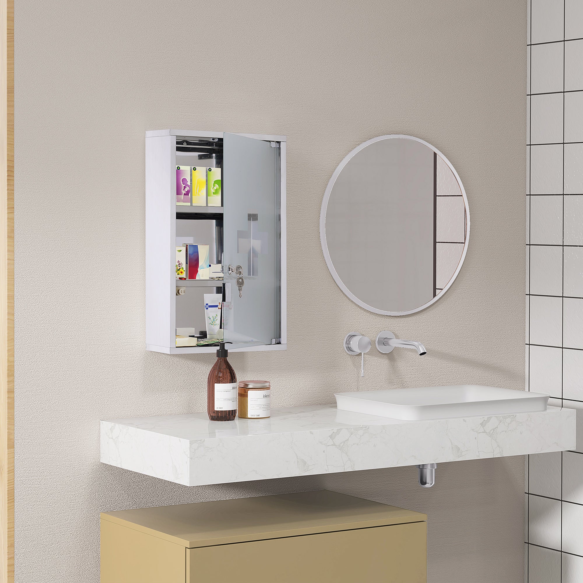 Armoire à pharmacie murale à 3 niveaux en acier inoxydable avec porte verrouillable en verre avec 2 clés étagères de rangement argent