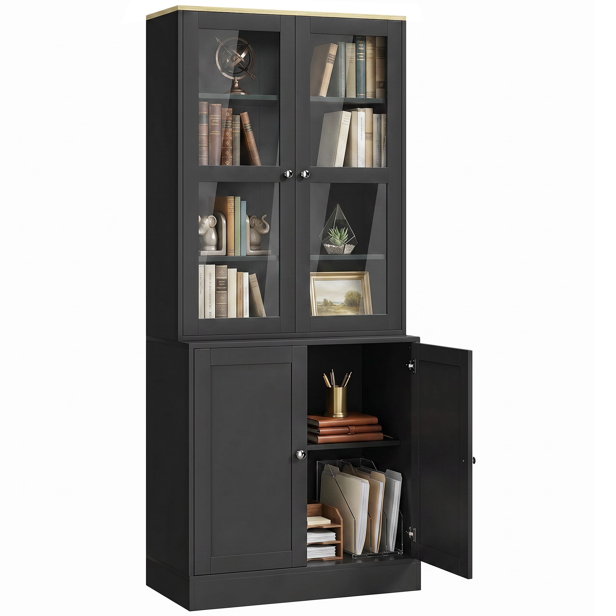 Bibliothèque vitrine, meuble de rangement à 6 niveaux avec 4 portes dont 2 en verre trempé, étagères réglables, style moderne, pour salon, bureau, chambre, 76 x 40 x 179 cm, noir