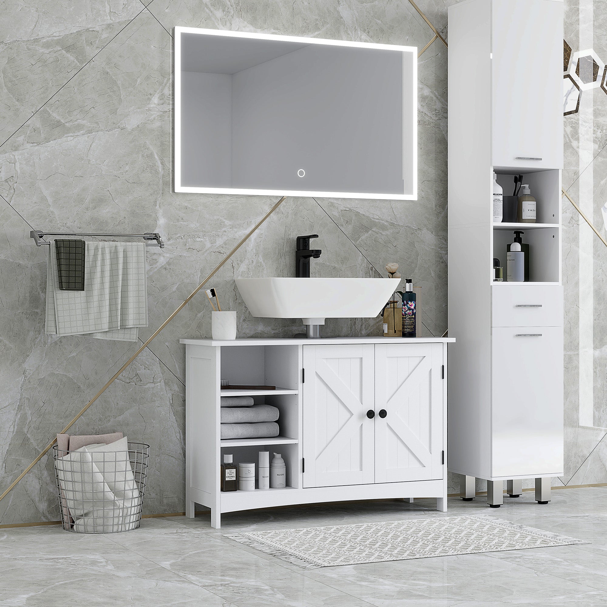 Meuble sous lavabo, meuble de salle de bain, étagères réglables, placard 2 portes, meuble sous évier, style classique, 90 x 30 x 60 cm, blanc