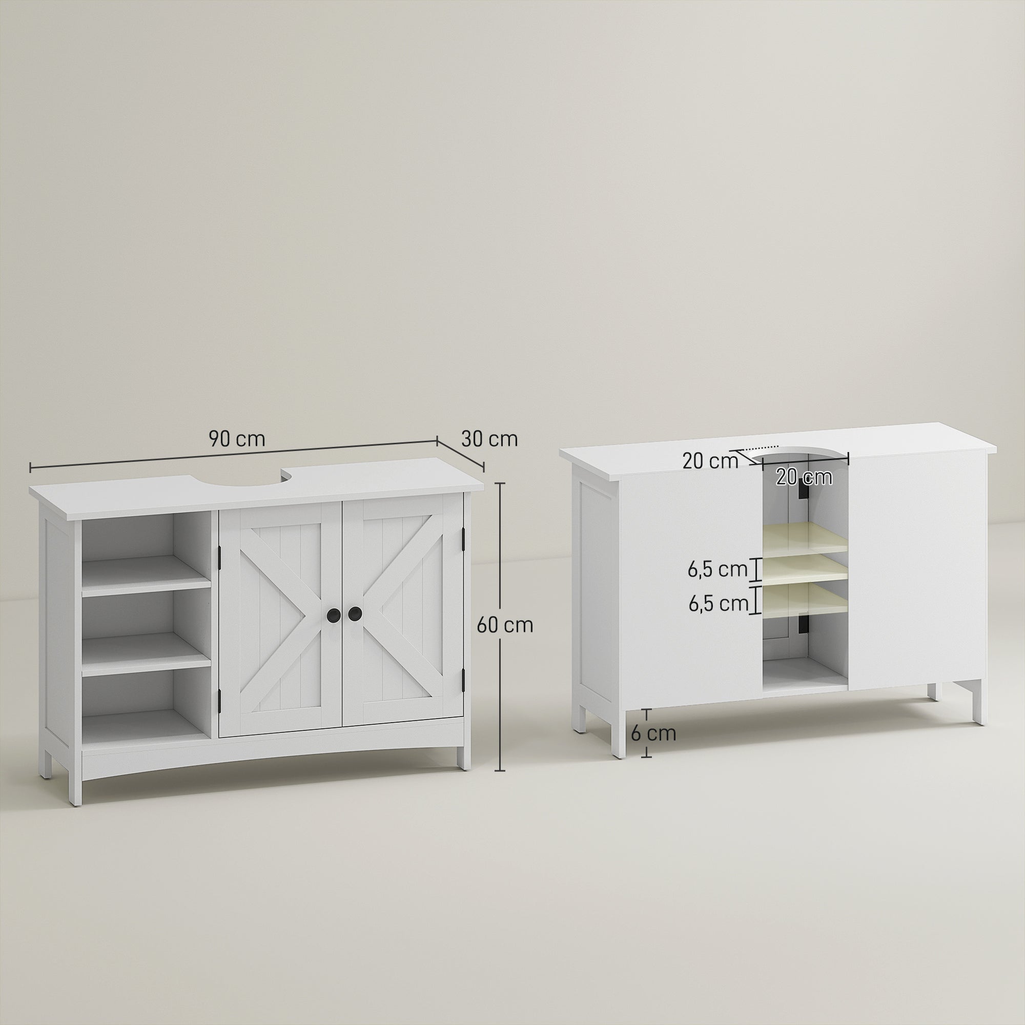 Meuble sous lavabo, meuble de salle de bain, étagères réglables, placard 2 portes, meuble sous évier, style classique, 90 x 30 x 60 cm, blanc