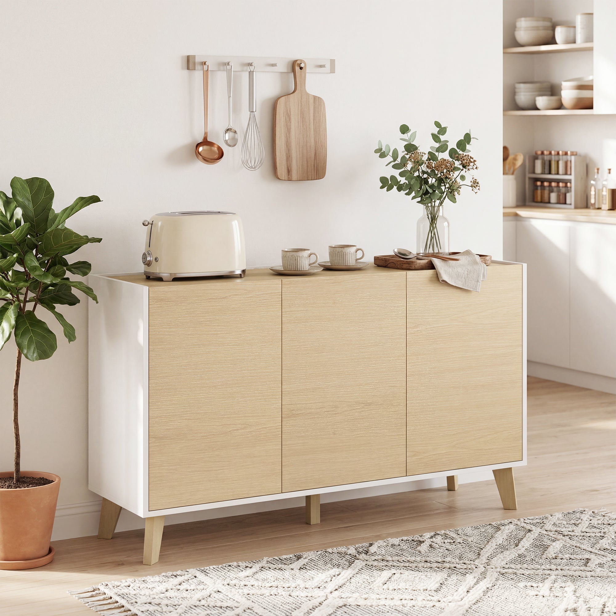 Buffet Cuisine, Meuble de Rangement Nordique, 3 Portes à Fermeture Douce, 6 Compartiments, Meuble TV pour Téléviseurs 50 Pouces, pour Salon et Chambre, 120x35x73,5cm, Bois Naturel et Blanc
