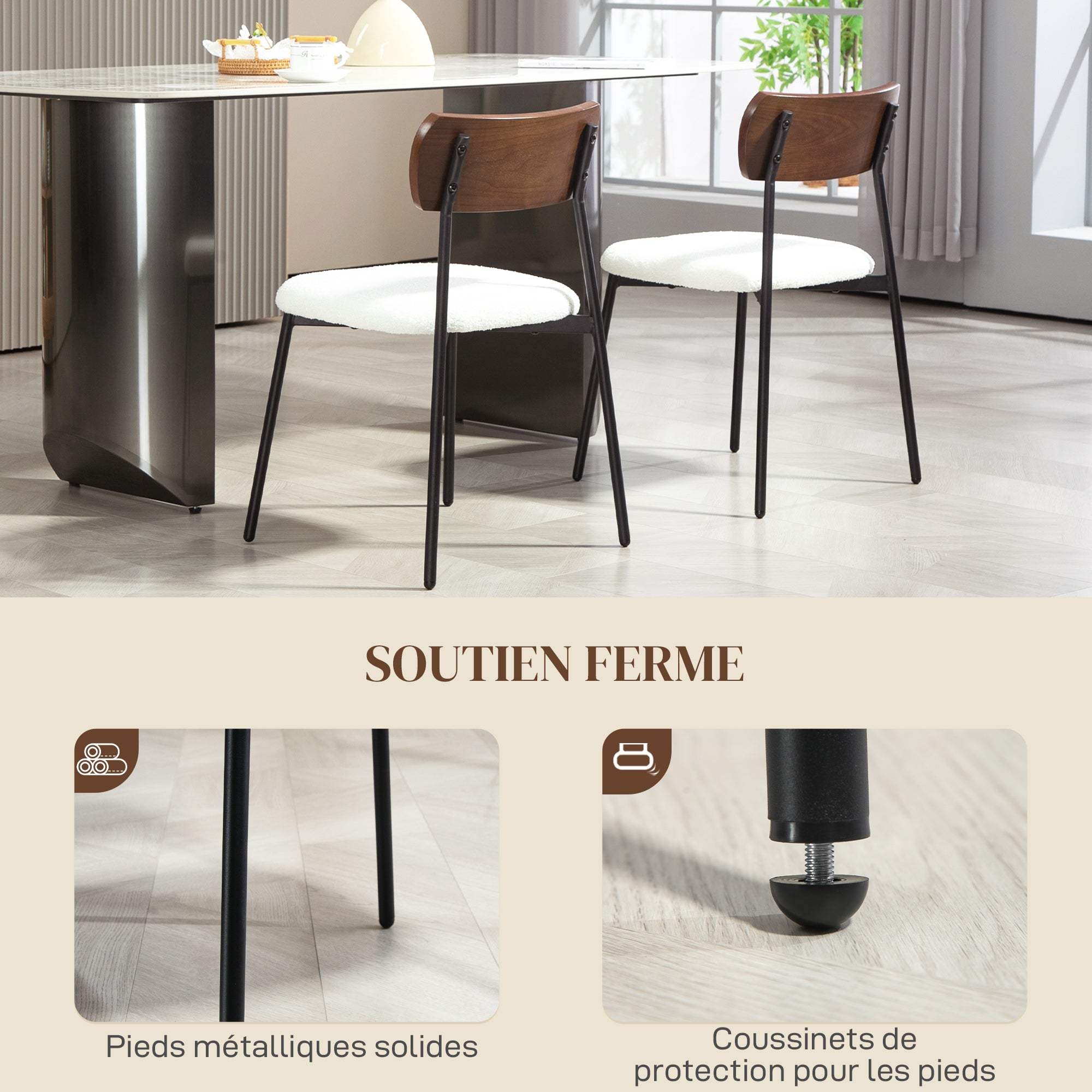 Lot de 2 chaises salle à manger chaise de cuisine vintage chaise de salon rembourrée avec assise effet bouclette, dossier courbé effet bois pour salon, salle à manger, chambre, crème et marron